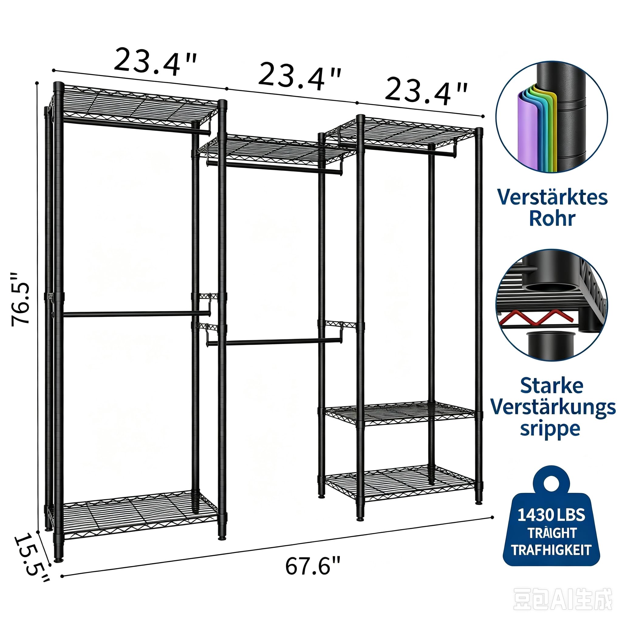 Garvee Kleiderständer Schwerlast Garderobenständer Metall Offener Begehbarer Kleiderschrank Großes Schranksystem DIY Kleiderregal mit 5 Hängestangen & Ablagen für Schlafzimmer Schwarz