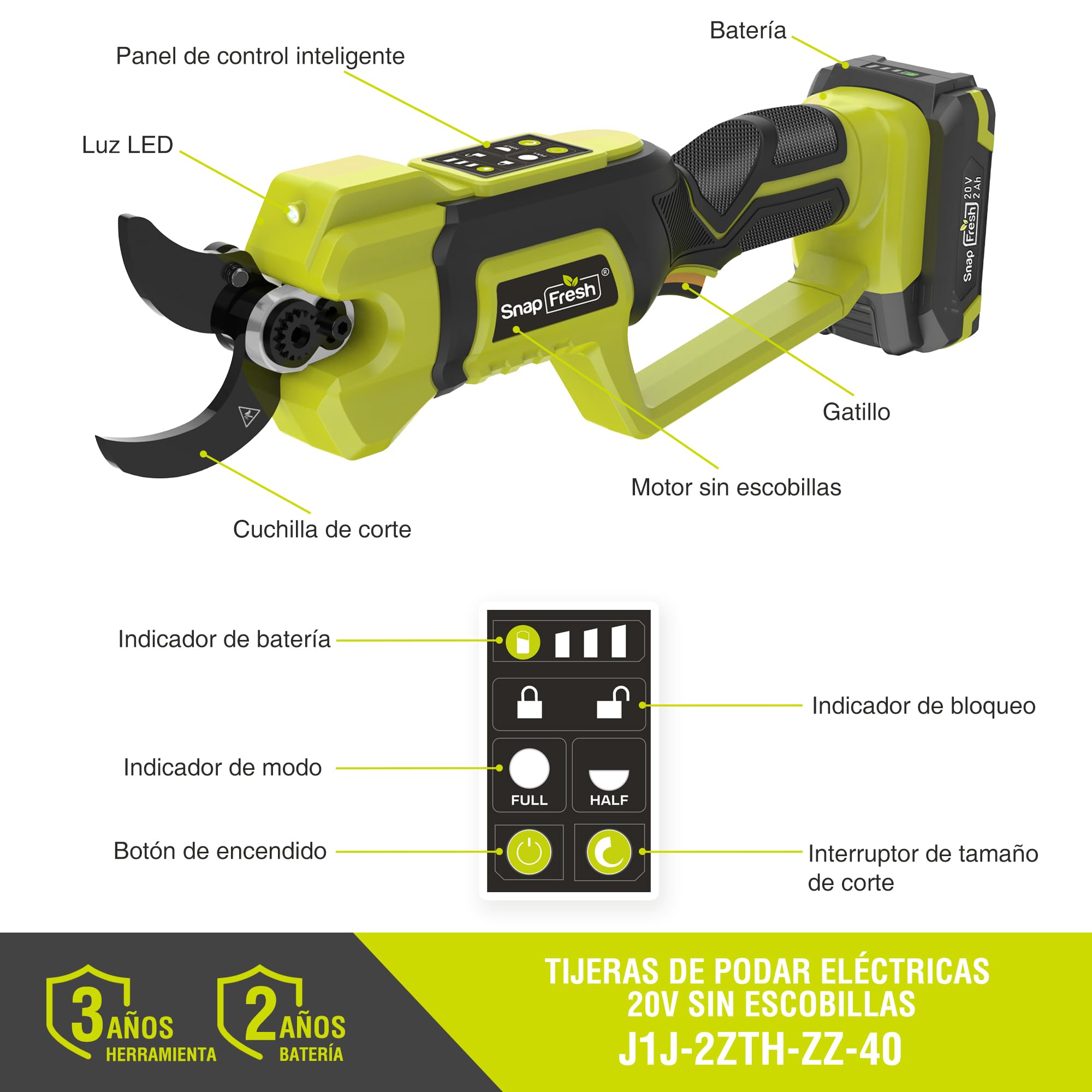 SnapFresh Tijeras de Podar Eléctricas 20V, Sin Escobillas, Diámetro Máx. de Corte de 40 mm, Tijeras de Podar Eléctricas con Batería de 2,0 Ah y Cargador, Hoja SK5 Inalámbrica para Ramas