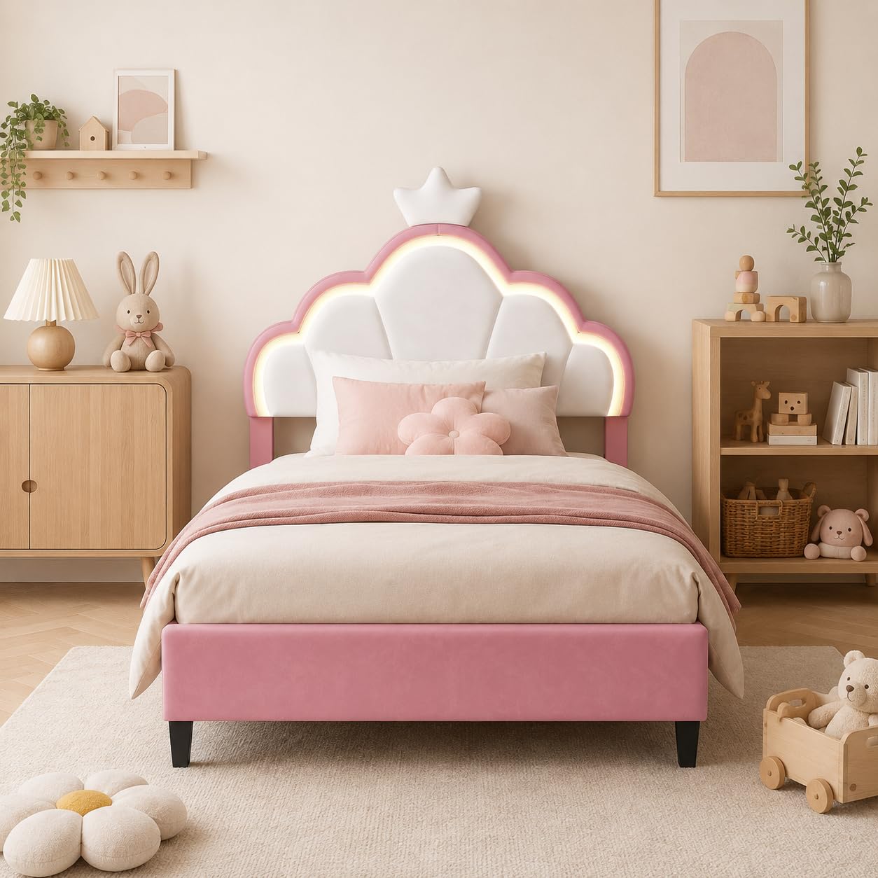 DULRLLY Letto bambini imbottito 90x200 cm, letto singolo con strisce LED regolabili e Testiera a forma di corona, letto Principessa con rete a doghe per bambini ragazze e adolescenti