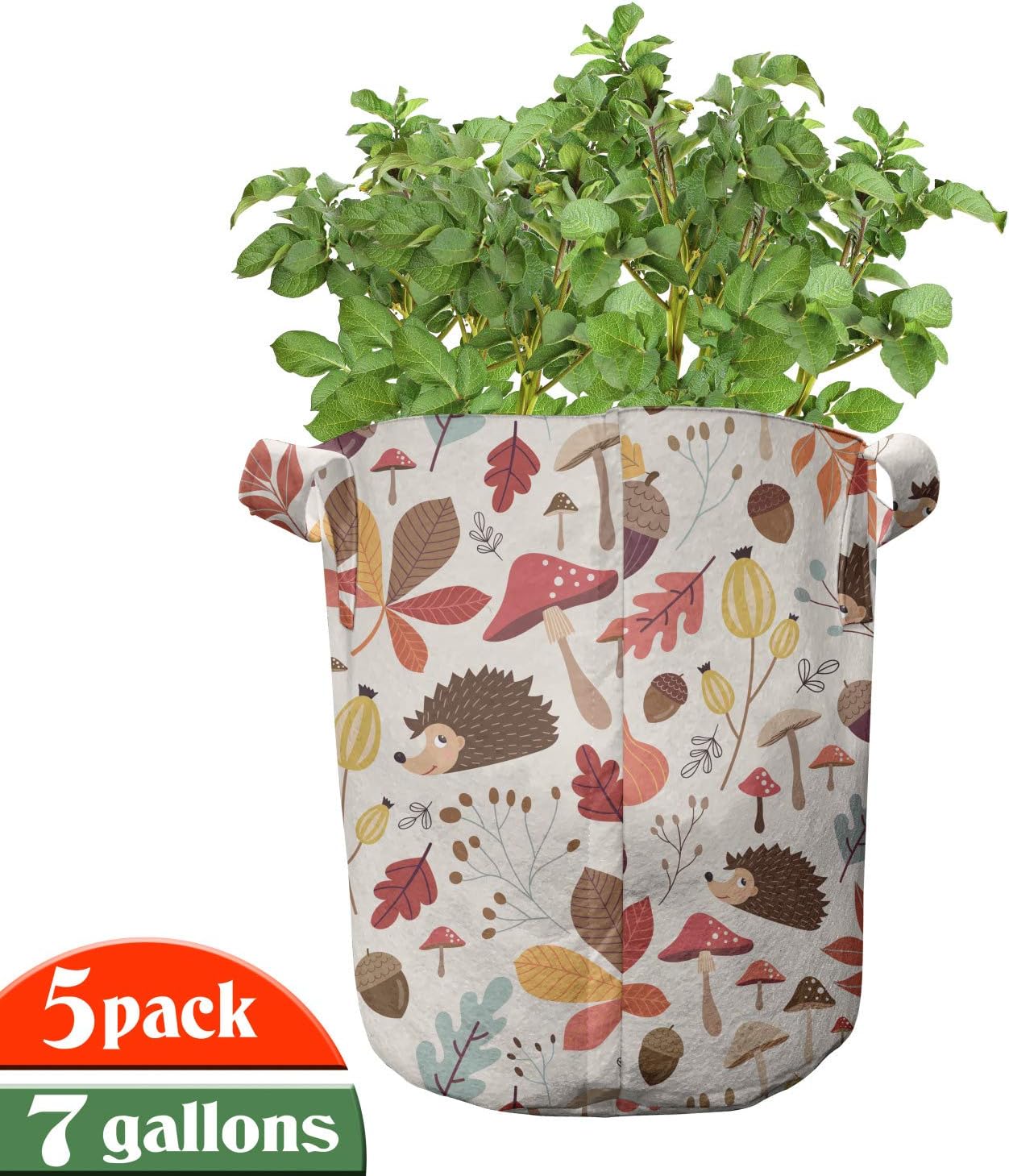 Lunarable Autumn Grow Bags 5-Pack, Woodland Wildlife Pinecone, Heavyduty Fabric Pots with Handles for Plants, 7 Gallon, Multicolor