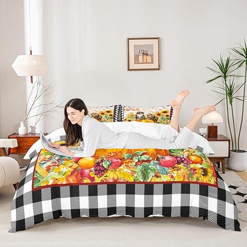 Miniatura 9 de Juego de funda de edredón para niños con diseño de calabaza otoñal, tamaño King, juego de ropa de cama rústica con tablones de madera, decoración de