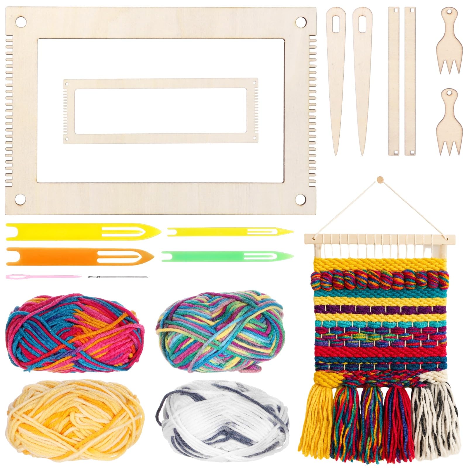Calolin DIY Wooden Weaving Loom Kit, 15 Pcs Beginner Craft Board Kit with 4 Yarn Skeins, Mini Knitting Loom Board Tools, DIY Craft Weaving Kit for Adults, Beginners, Weaving Enthusiasts