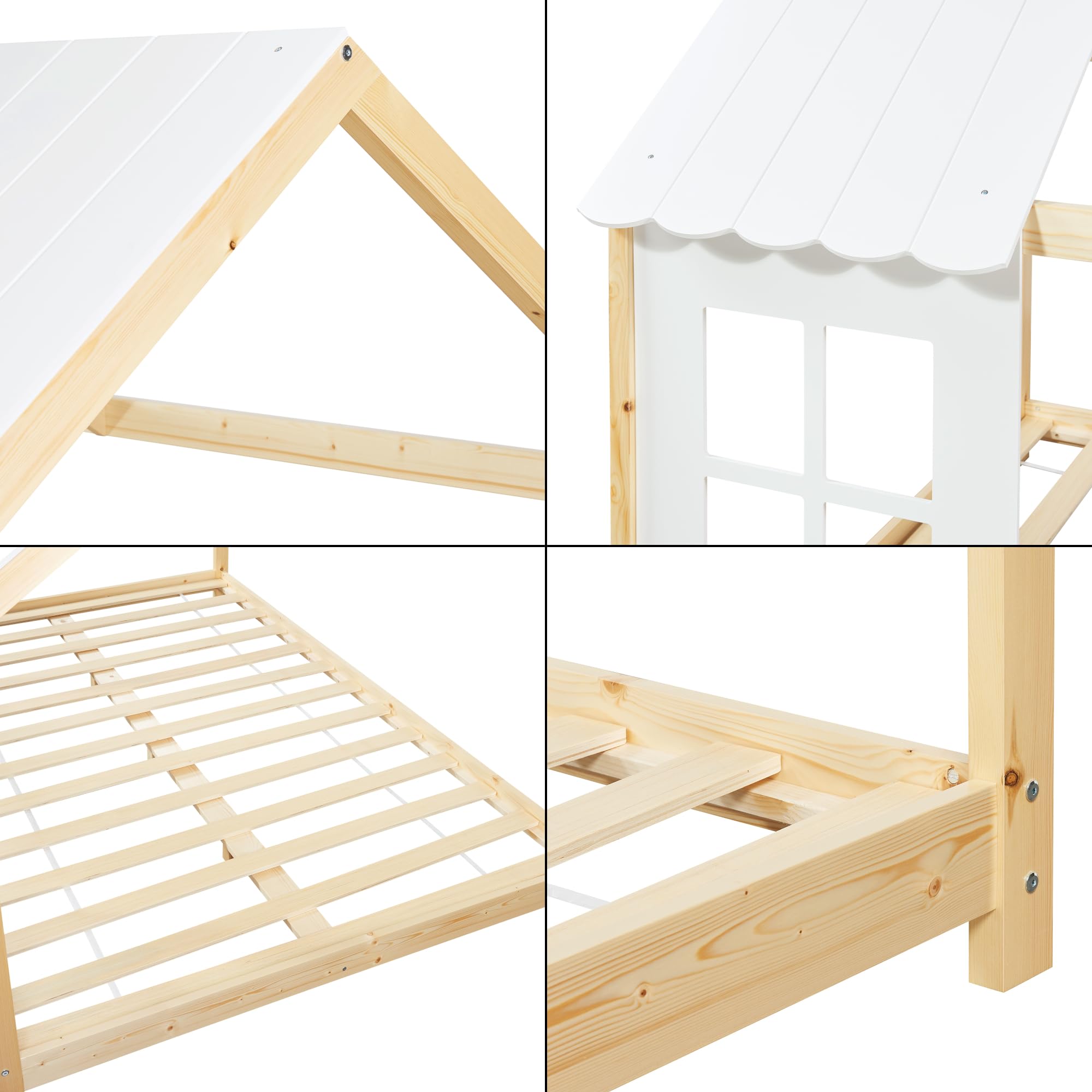 [en.casa] Kinderbett Tostedt Hausbett Jugendbett Bettenhaus Halboffenes Design Montessori Bett aus massiver Kiefer Bettgestell Holz 140x200cm Holz/Weiß