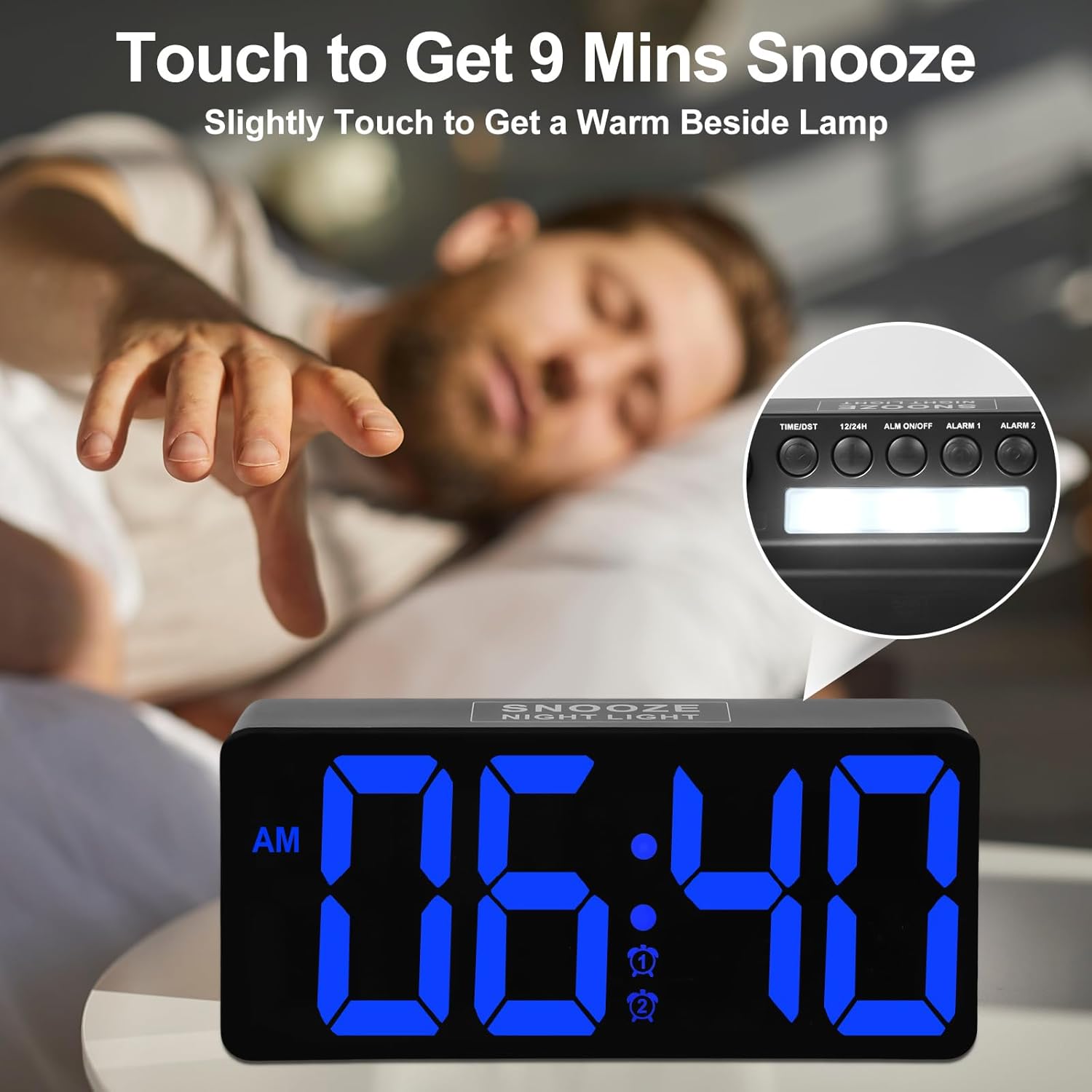 Hand touching the top snooze button on the alarm clock, which also activates the night light.