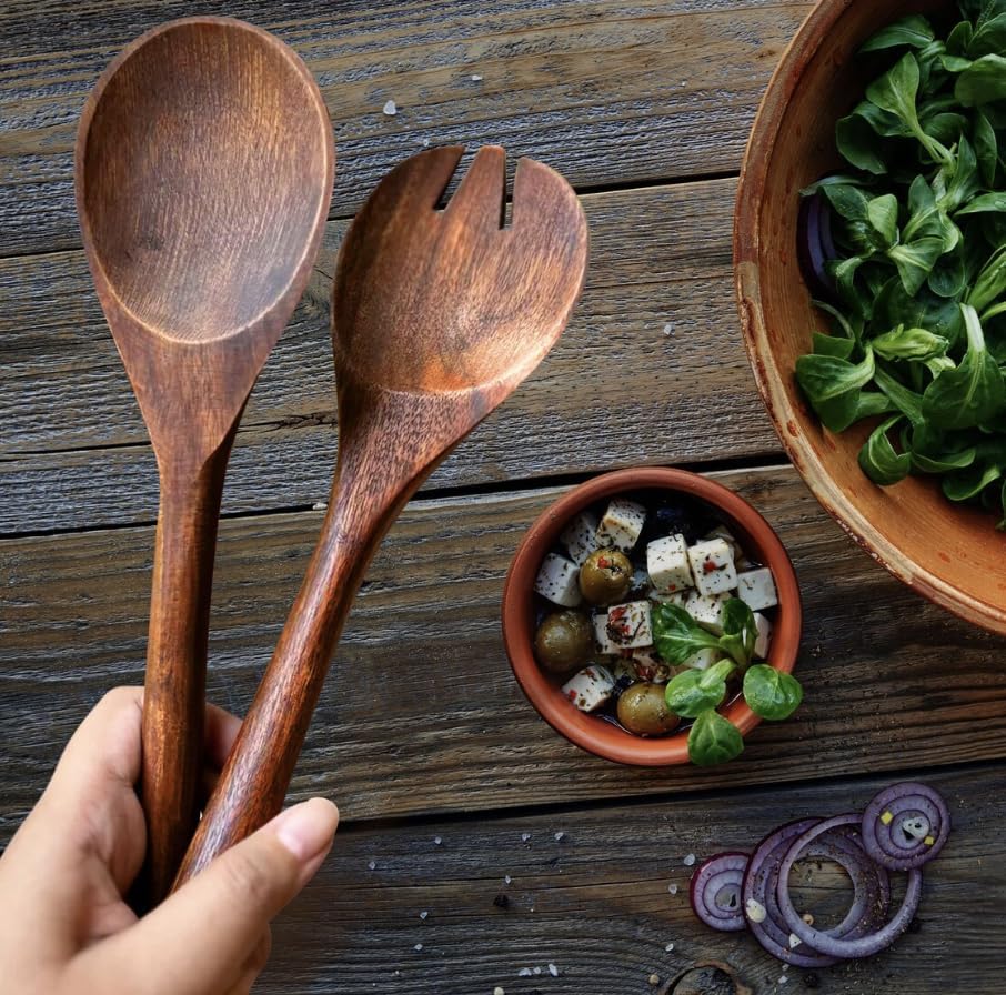 Natural Wooden Salad Serving Utensil Set – Rustic Acacia Spoon and Fork for Kitchen, Mixing, Cooking, Hosting & Table Decor