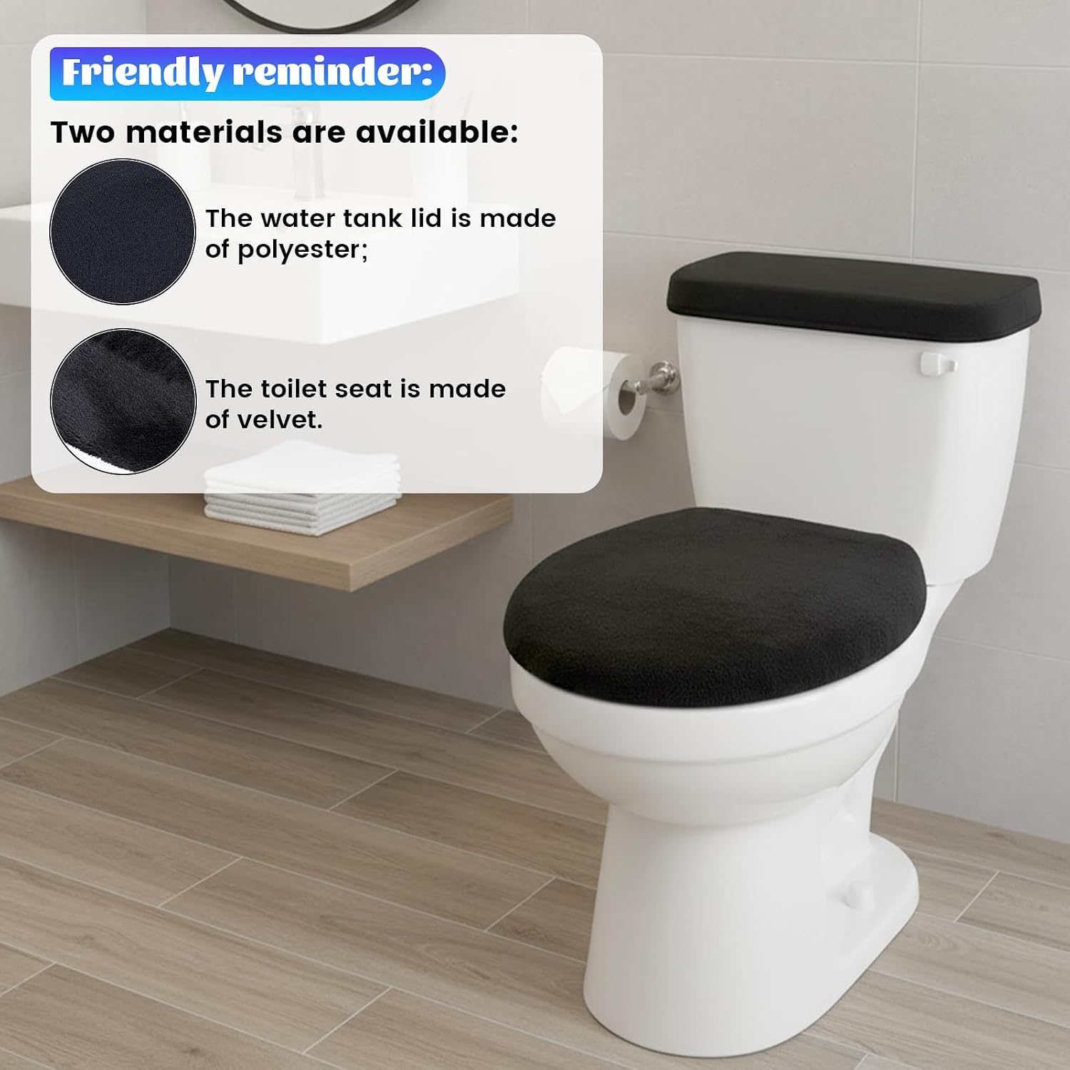 Toilet Lid Cover and Toilet Tank Lid Cover, Soft Velvet Toilets Covers with Elastic Bottom Bathroom Toilets Lids Seat Covers Set Replacement Machine Wash Replacement Fits Most Lids (Black)