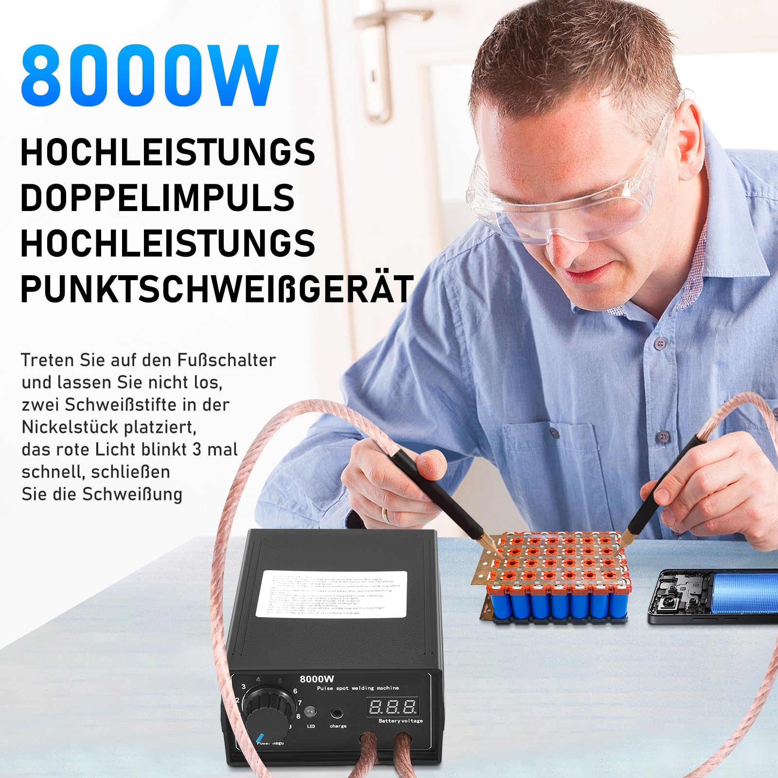 8000W Punktschweißgerät Akkus, Tragbares Punktschweißgerät DIY Kit, Handschweißgerät mit Nickelband, Einstellbare Schweißgeräte für Punktschweißmaschinenset
