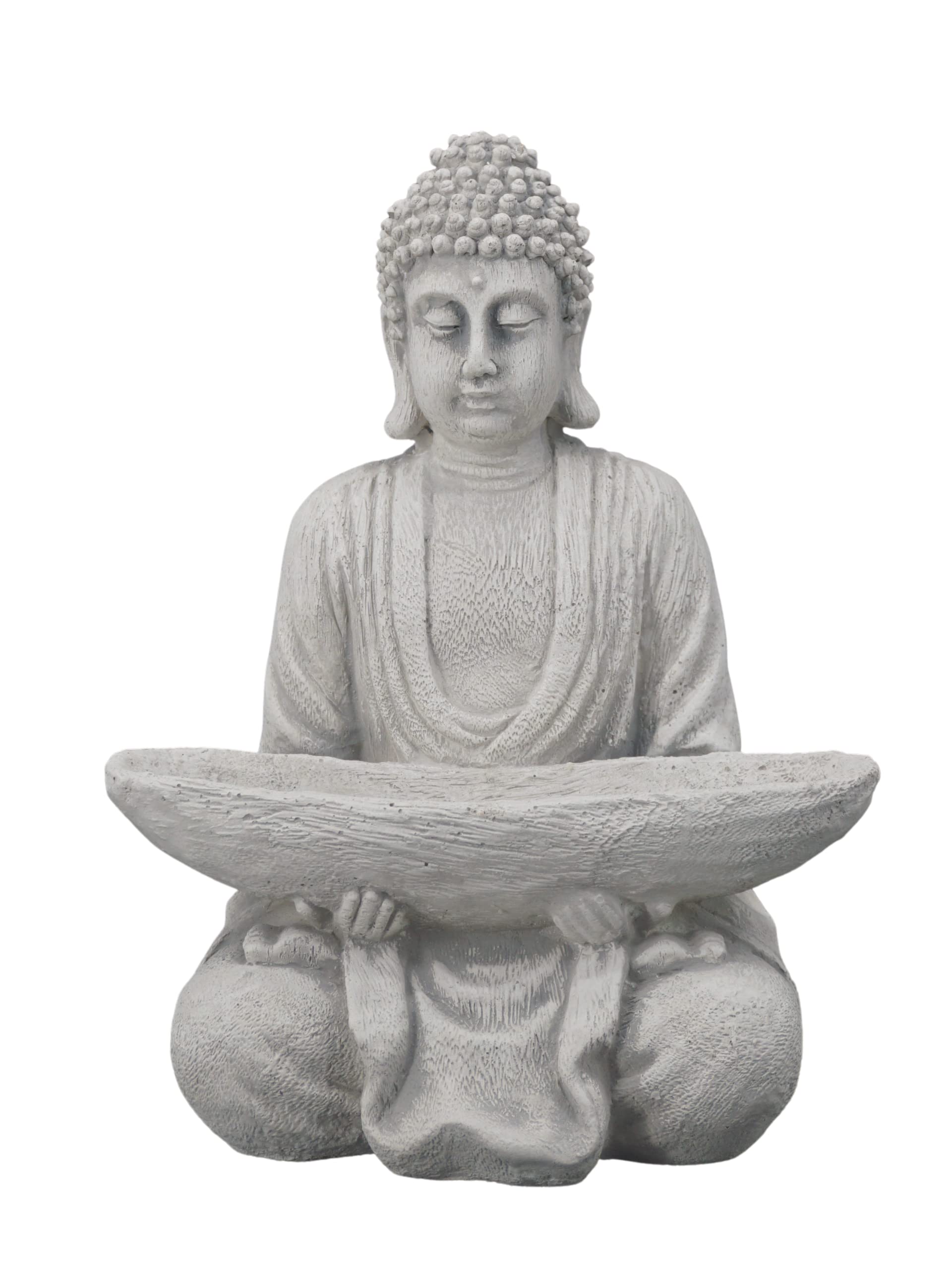gartendekoparadies.de Buddha figure with bowl, stone figure, H. 27 cm, 5 kg, gray, frost-proof made of cast stone for outdoor use
