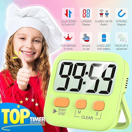 Miniatura 23 de Antonki Paquete de 2 temporizadores digitales para niños, temporizadores de cocina magnéticos de cuenta regresiva para cocinar, huevos, aula, 2 x