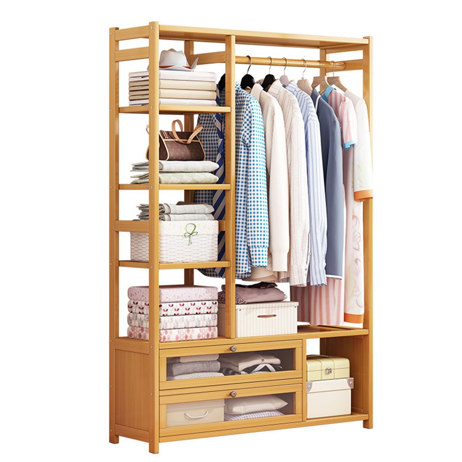 Portant à vêtements en bambou durable avec étagères et finitions soignées
