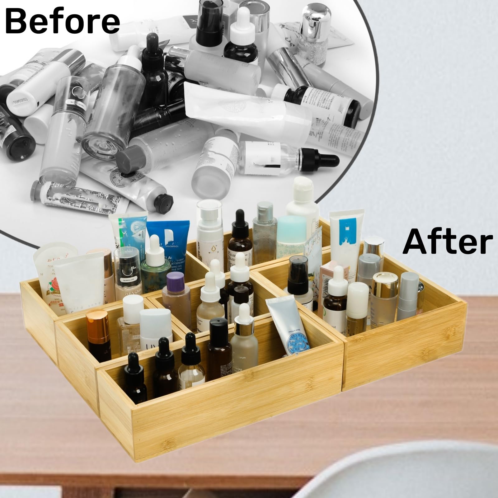 ZAVOOS 6 Stück Bambus-Schubladen-Organizer, individuelles Junk-Tee-Aufbewahrungs-Schubladen-Tablettt, Set mit herausnehmbaren Trennwänden, verstellbarer Besteck-Utensilien-Make-up-Halter für Küche,