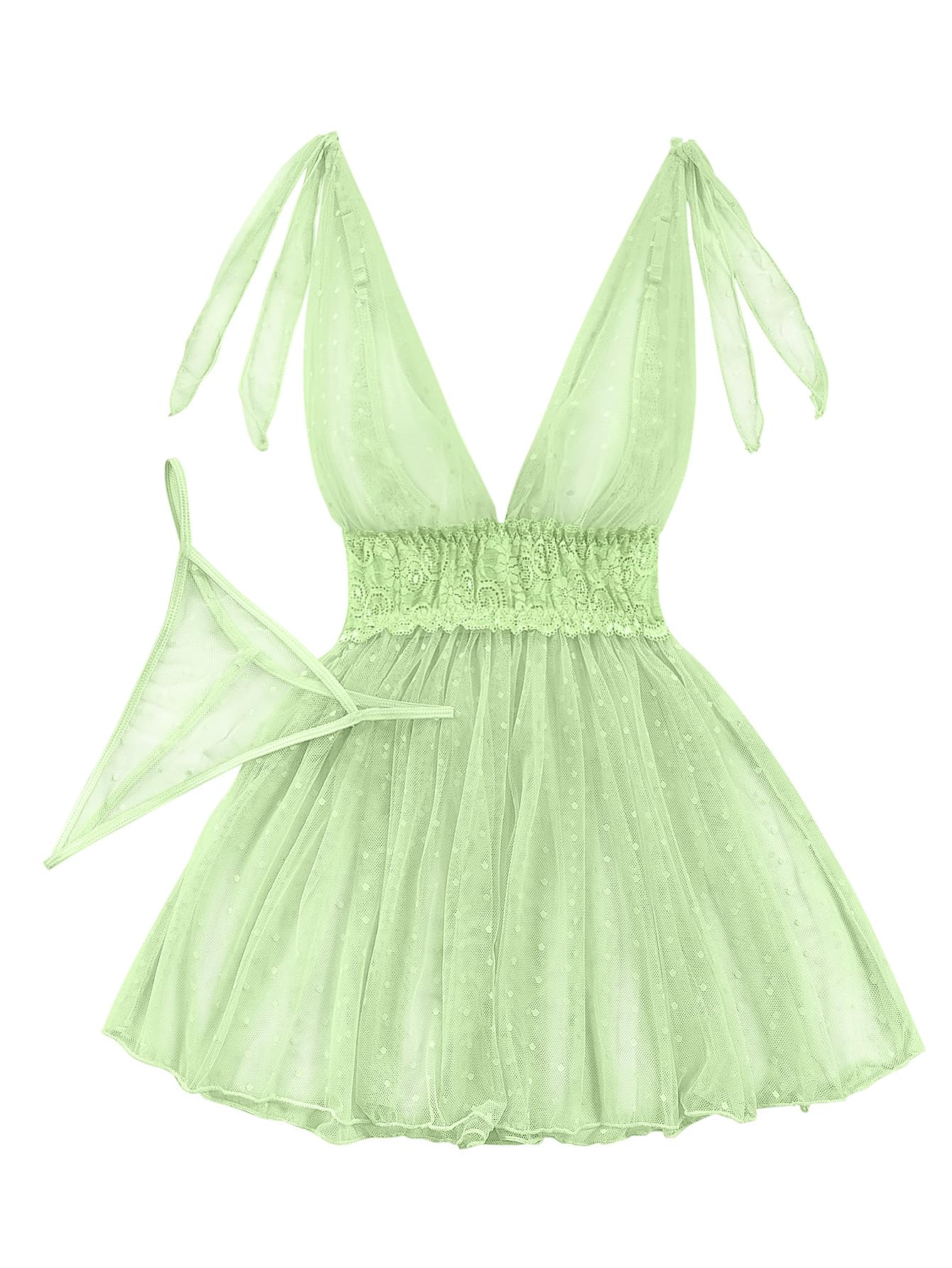 Lilosy Sexy Polka Dots Mesh Sheer Lace Babydoll Chemise Lingerie Set Floral Sleep Wear: Large Grass Green