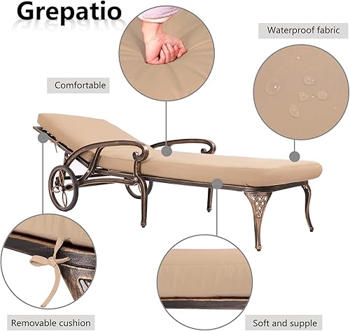 Miniatura 7 de Grepatio Sillas de salón para exteriores, sillas de patio de aluminio fundido con cojín, tumbona con respaldo ajustable y ruedas móviles para