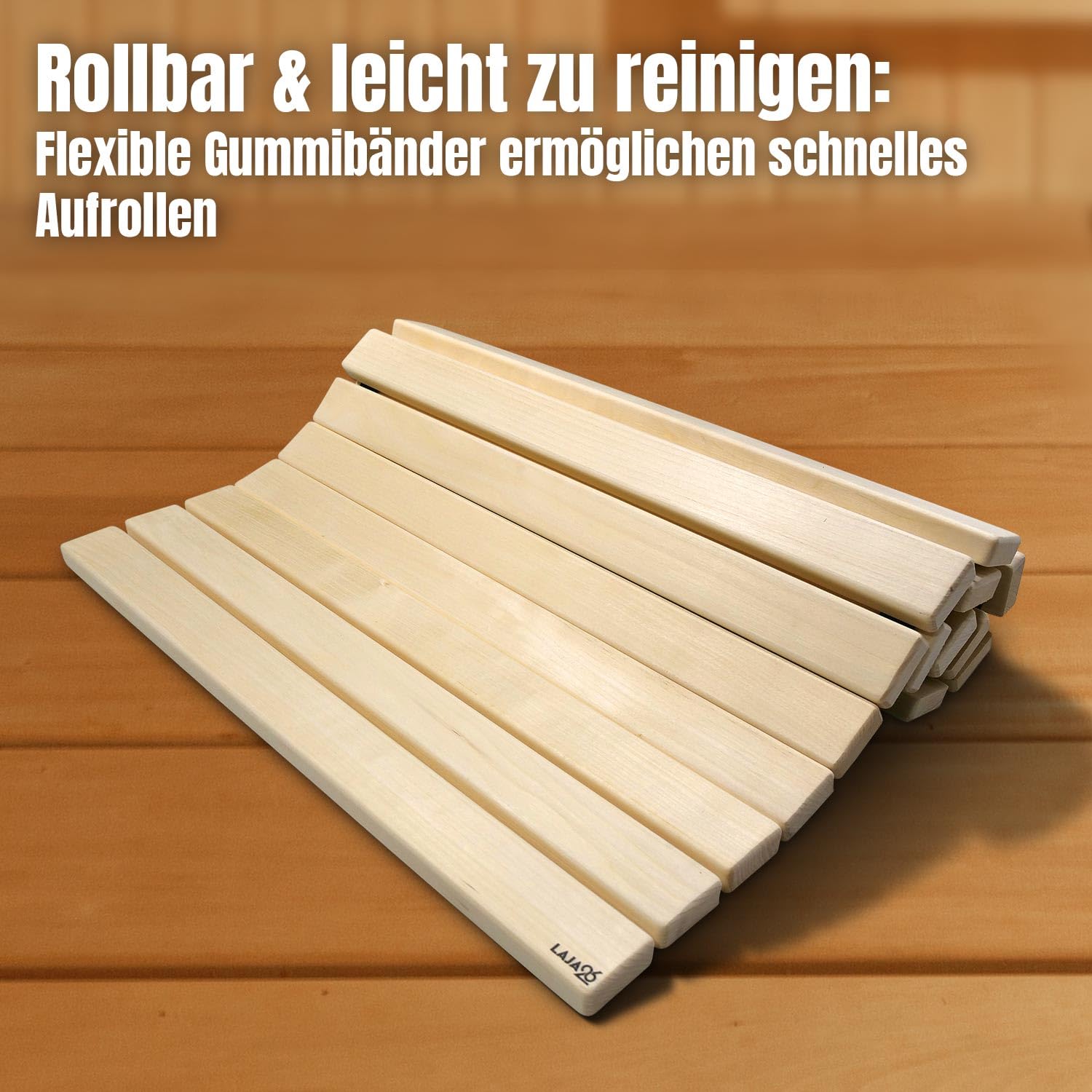 Sauna Bodenmatte 80x60x2 cm FSC Espenholz Rollbar Rutschfest Wärmebeständig Luftfeuchtigkeitsbeständig