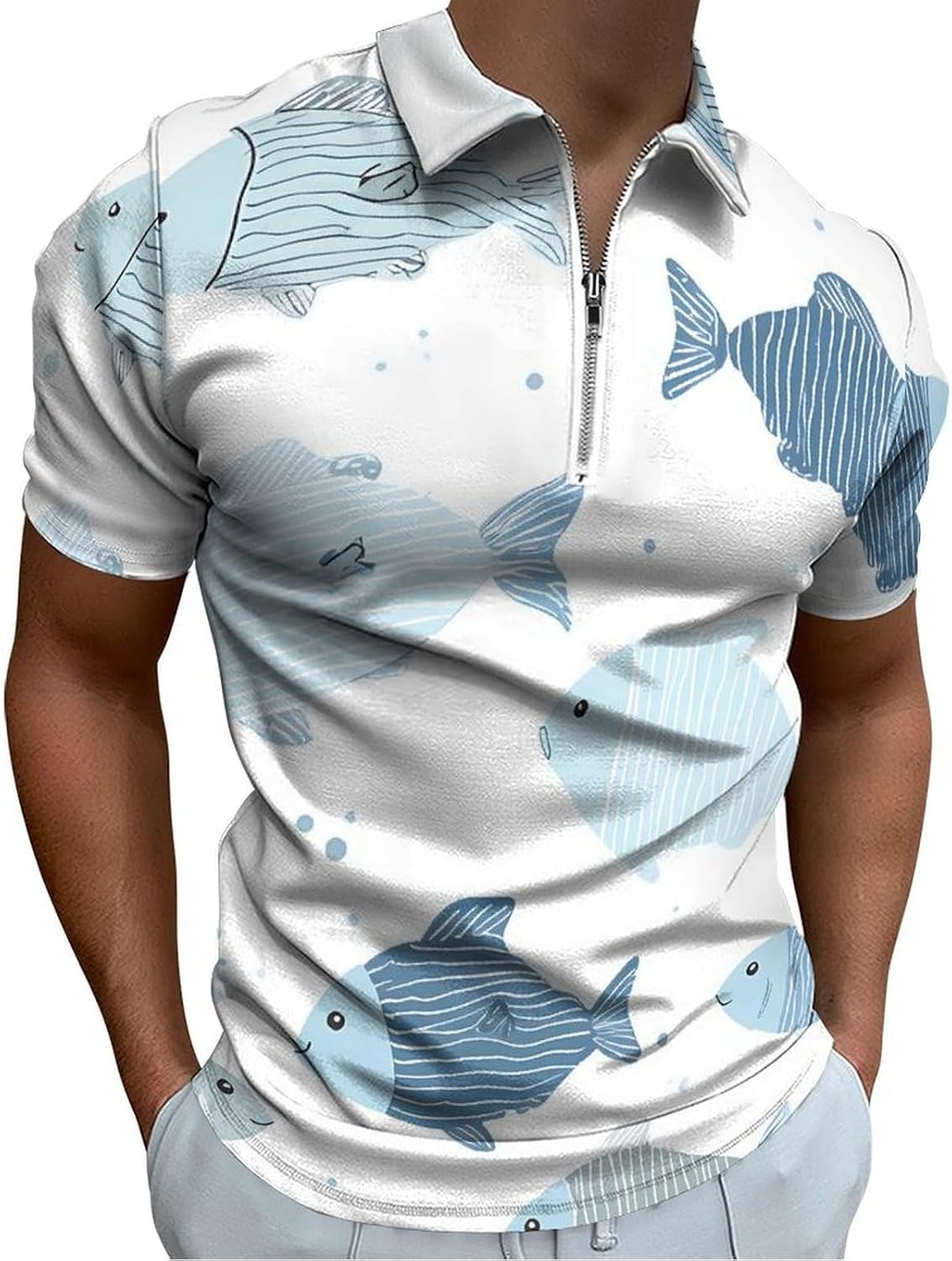 Blue River Fish Polo Shirts for Men Short Sleeve Athletic Golf Tees Tops | Casual Summer Zippered V Neck Mens T-shirts Sports Quick Dry Tennis
