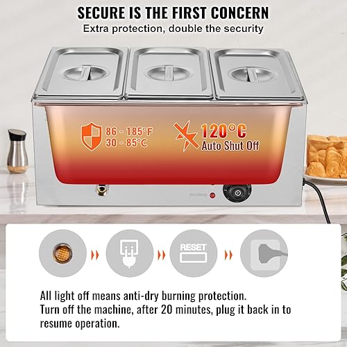 Miniatura 4 de VEVOR Calentador de alimentos comercial de 3 bandejas, mesa de vapor eléctrica de 24 cuartos de galón, encimera profesional de 1200 W de acero