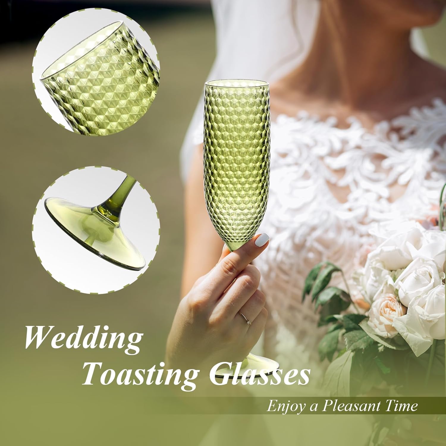 Plastic Champagne Flutes Champagne Glasses Unbreakable Wedding Toasting Glasses Reusable Diamond Wine Glasses Crystal Clear Party Wine Cups Vintage Drinking Glasses 5.5 OZ for Wedding (24, Green) - Image 3