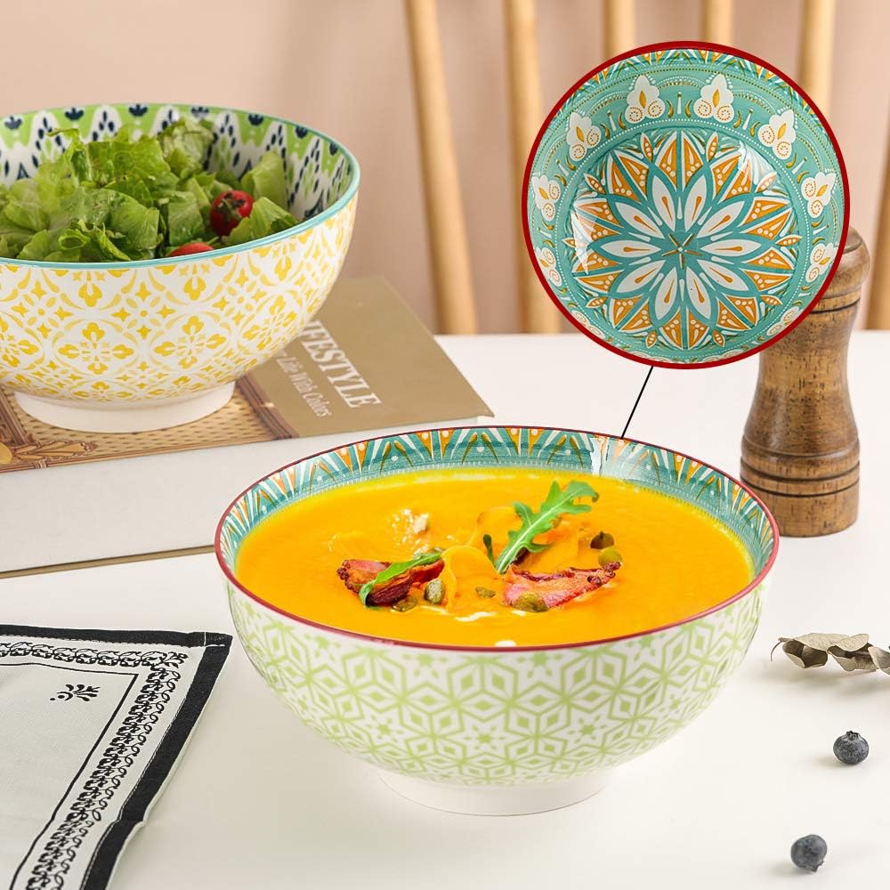 Large Ceramic Serving Bowl Set - 8-Inch Colorful Porcelain Pasta Bowls - 3 Pack Perfect for Salad, Soup, Noodle, Ramen - Microwave and Dishwasher Safe - 57 oz (1700 ml / 1.8 Quart) - Image 4