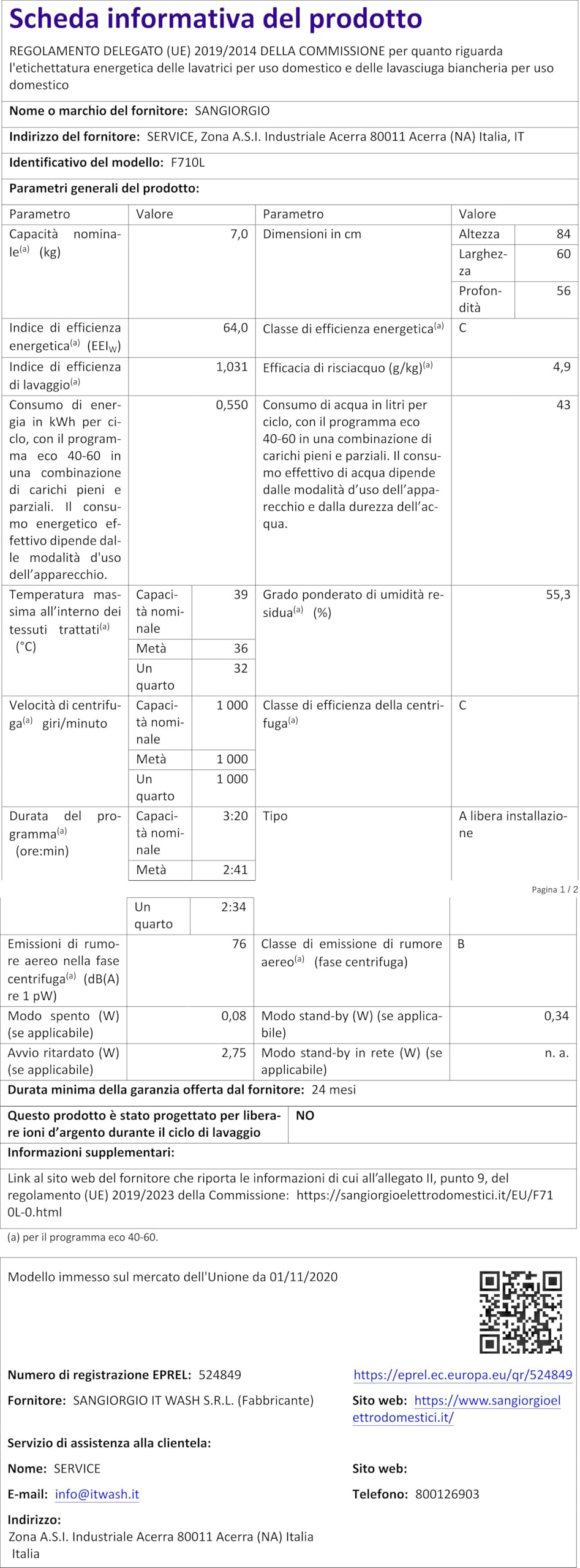 Lavatrice 7kg F710L - 1000 RPM, Classe D, Caricamento Frontale, Bianco
