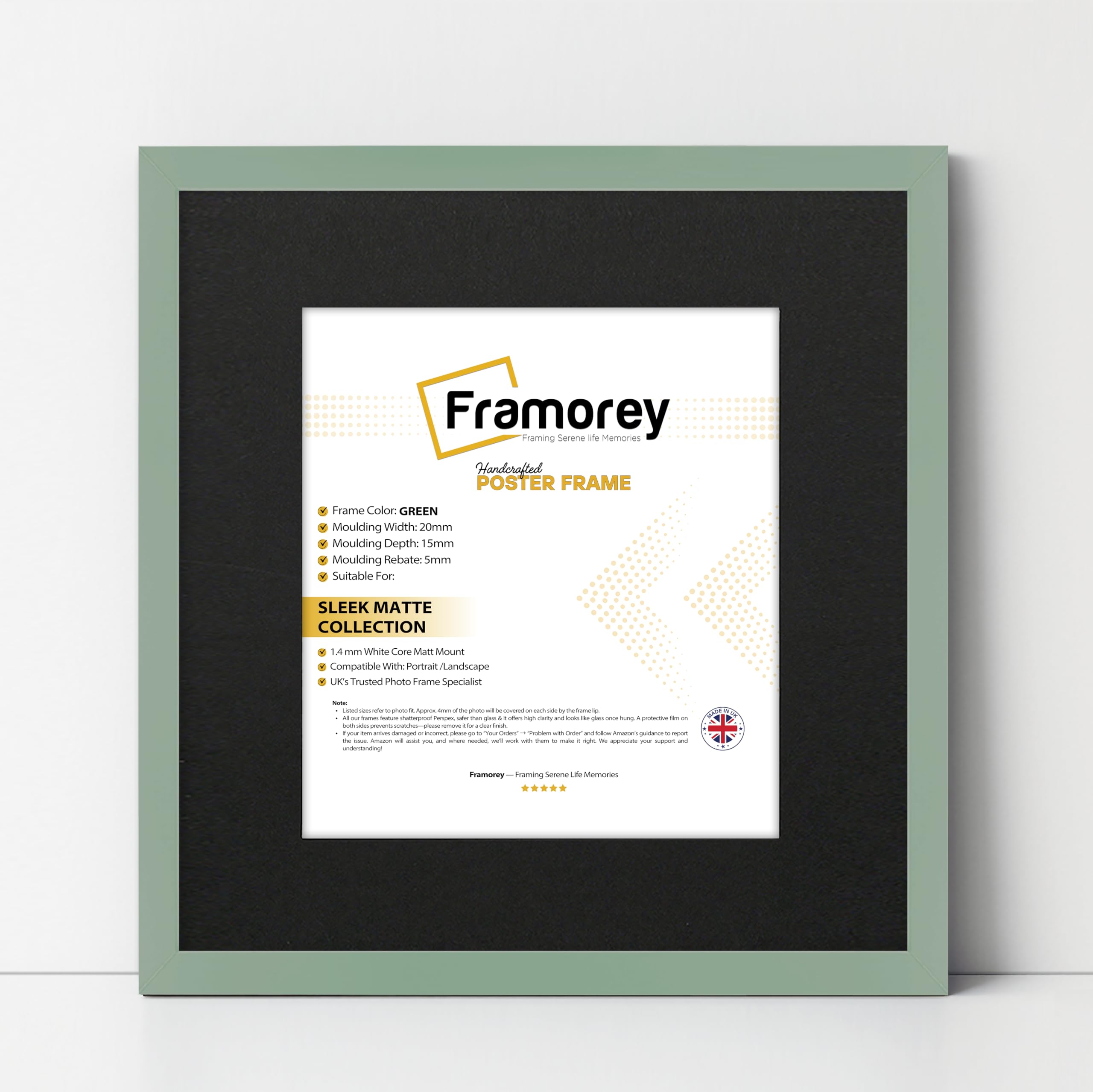 FRAMOREY Square Size Thin Matt Photo, Handmade Flat Thin Picture Frame, 9x9" Size Green Picture Frame With 7x7" Size Black Mount, Photo Print Frames