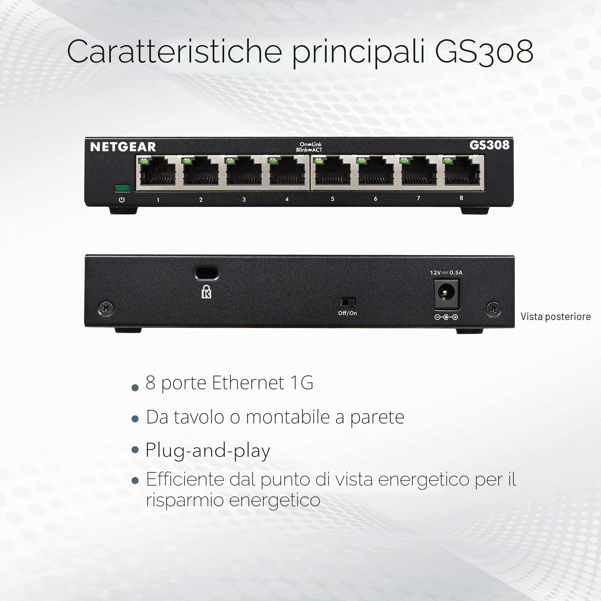 NETGEAR Switch non gestito Gigabit Ethernet a 8 porte (GS308) - Hub di rete domestica, splitter Ethernet per ufficio, plug-and-play, alloggiamento in metallo senza ventole, montaggio a parete o