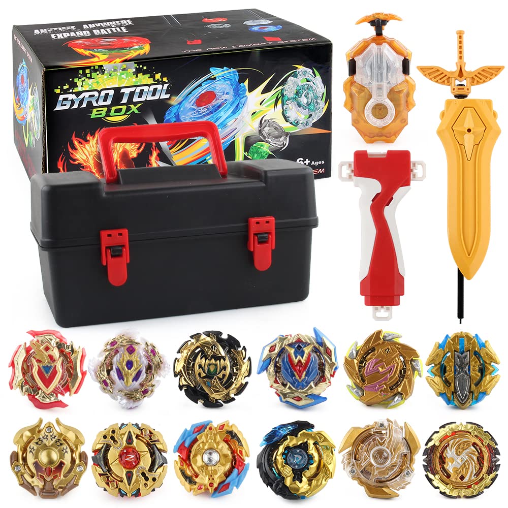 thumbnail image 2 of TUKIIE Battling Top Gyro Toy Set, 12 Spinning Tops With 3 Launchers Storage Box, Metal Fusion Battling Tops Set Game Xmas Birthday Present For Kids Boys Girls Ages 6 2 of 13