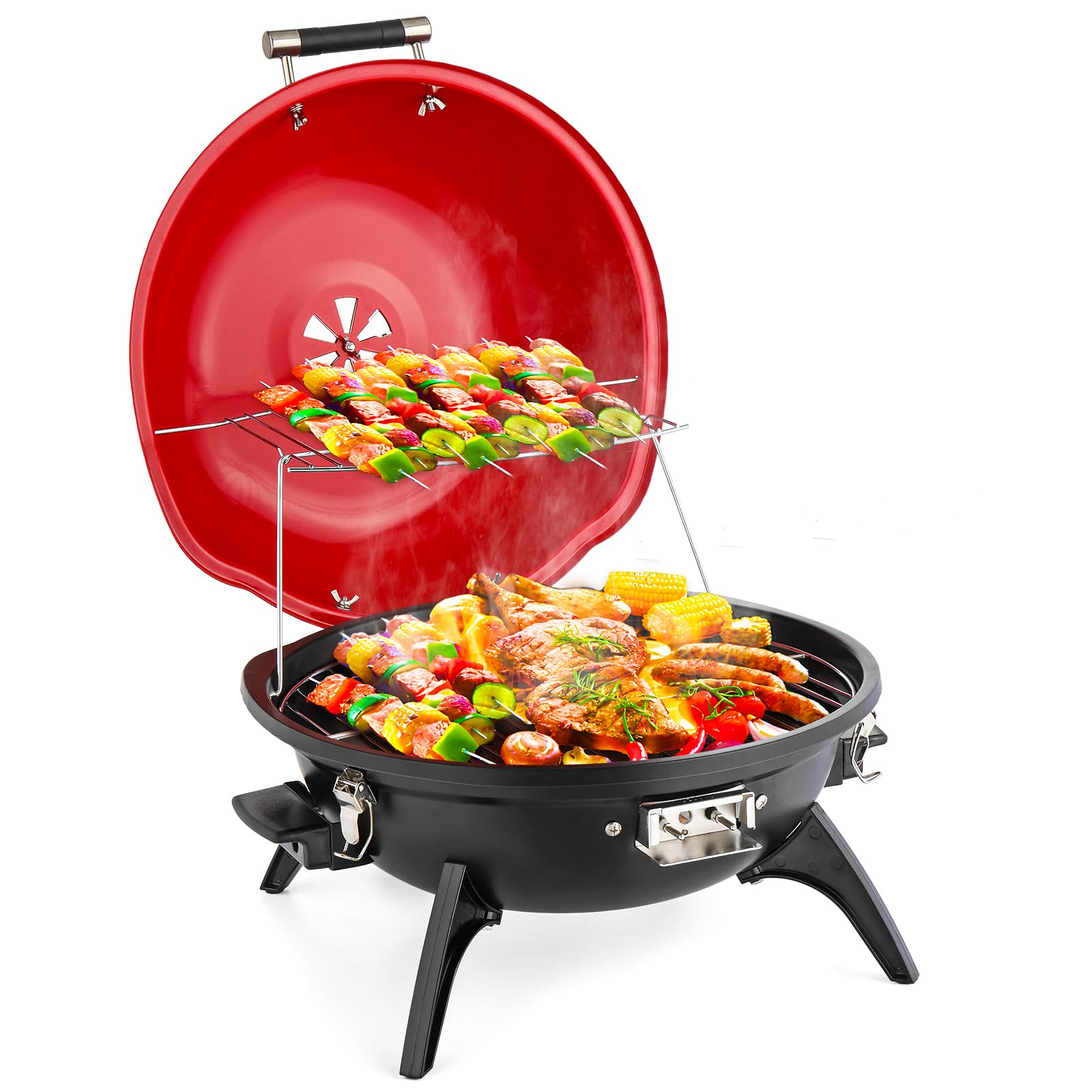 ROVSON Electric BBQ, Freestanding Barbecue Grill, 45cm Round Black, 83cm Stand for Garden, Patio & Indoor Outdoor Grilling (Red tabletop)