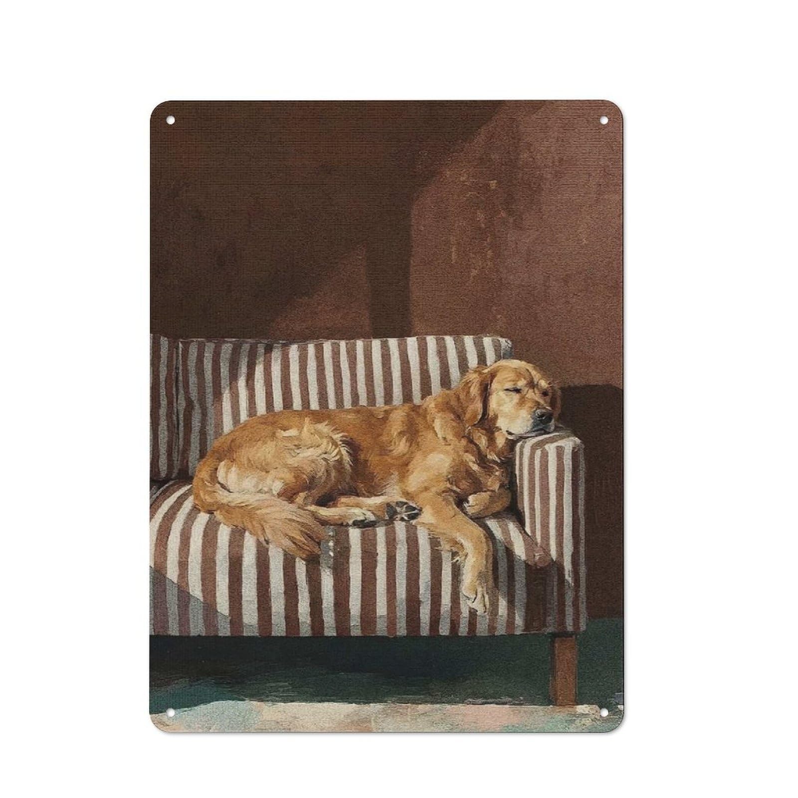 Junmoney Style-16 Golden Retriever Sleeping On Striped Couch Printed Metal Sign 40X30cm For Café Or Home Bar, For Kitchen And Home Bar Decor, For Cafés, Pubs And Restaurants
