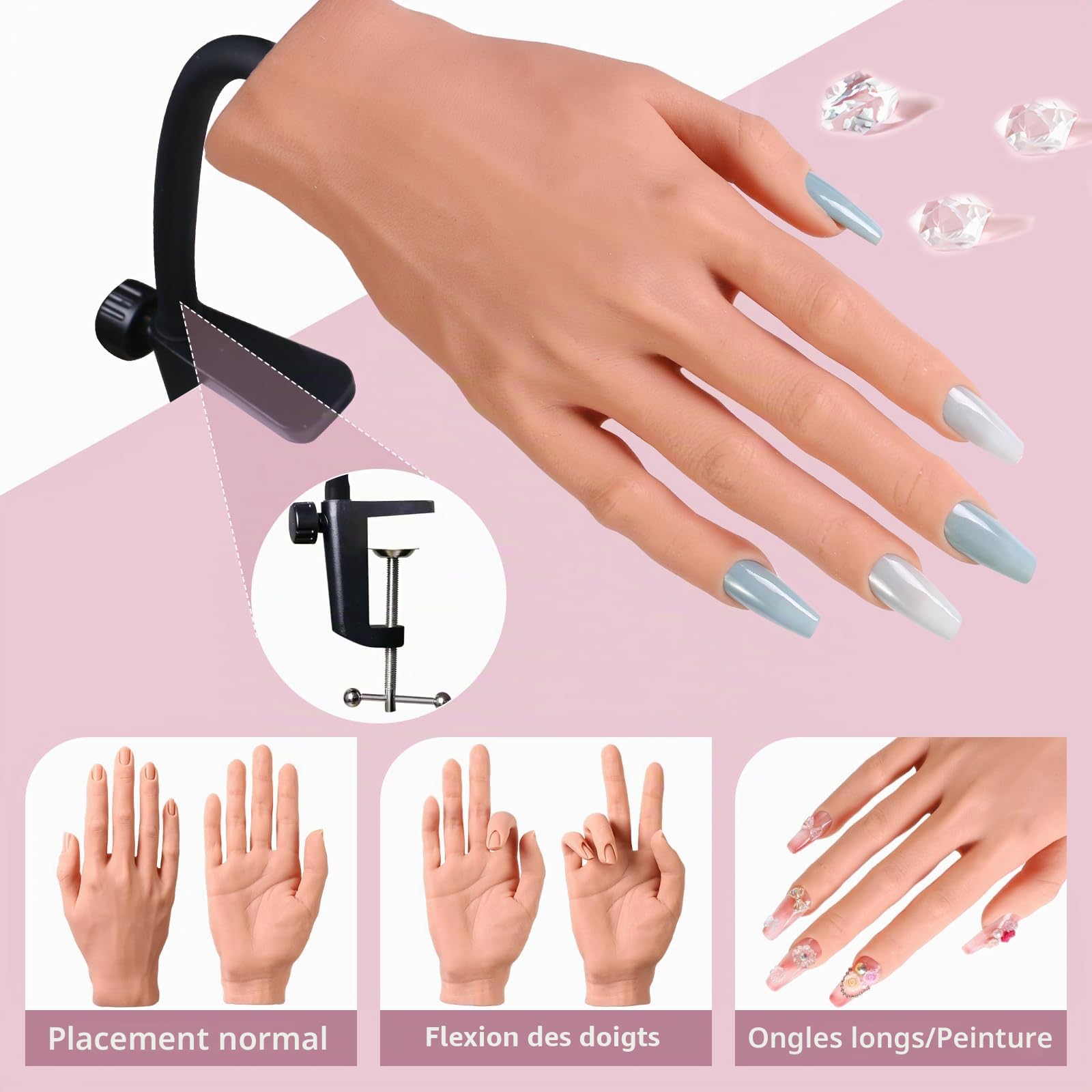 Main d'entraînement pour ongles en acrylique – Main d'entraînement des ongles en silicone – Modèle de pratique flexible pour les débutants professionnels (-25)