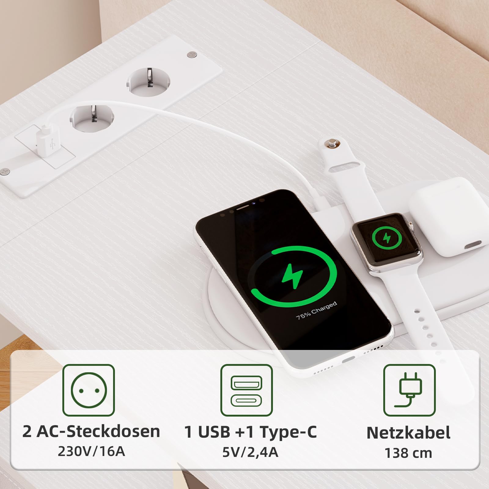 Somdot Nachttisch mit Ladefunktion, Beistelltisch mit 2 Stoffschubladen, 2 AC-Steckdosen, 1 USB & 1 Type-C Anschluss, kompakter Nachtschrank Sofatisch für Schlafzimmer & Wohnzimmer, Weißes Leder