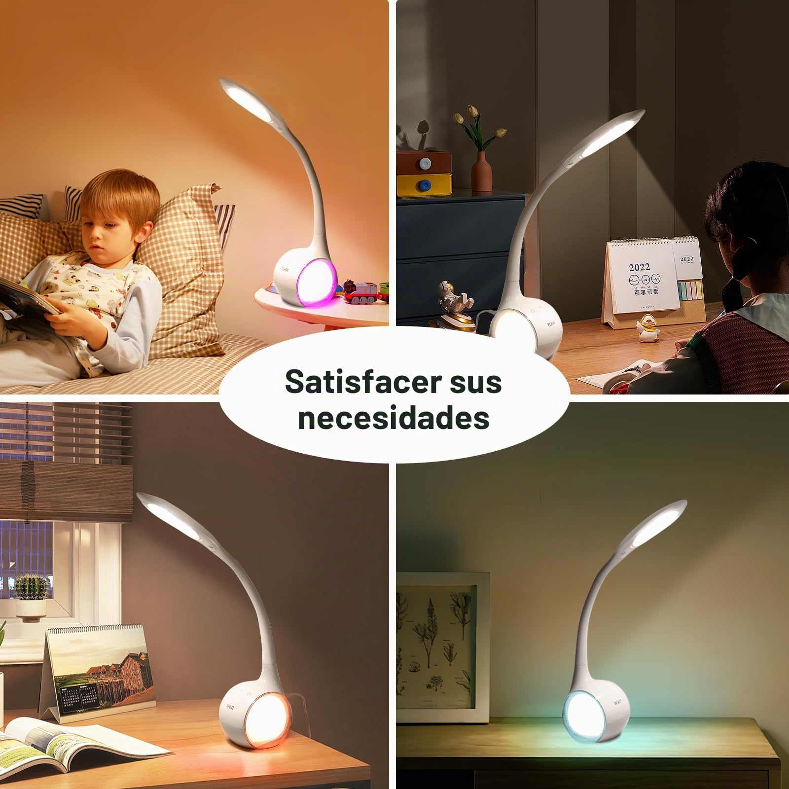 WILIT T3 Lampara LED Escritorio Infantil, Luz Flexo Led Escritorio Niños para Estudiar Lectura con Luz Nocturna de Color, Lámpara de Mesa Tactil 3 Niveles de Brillo, Blanco