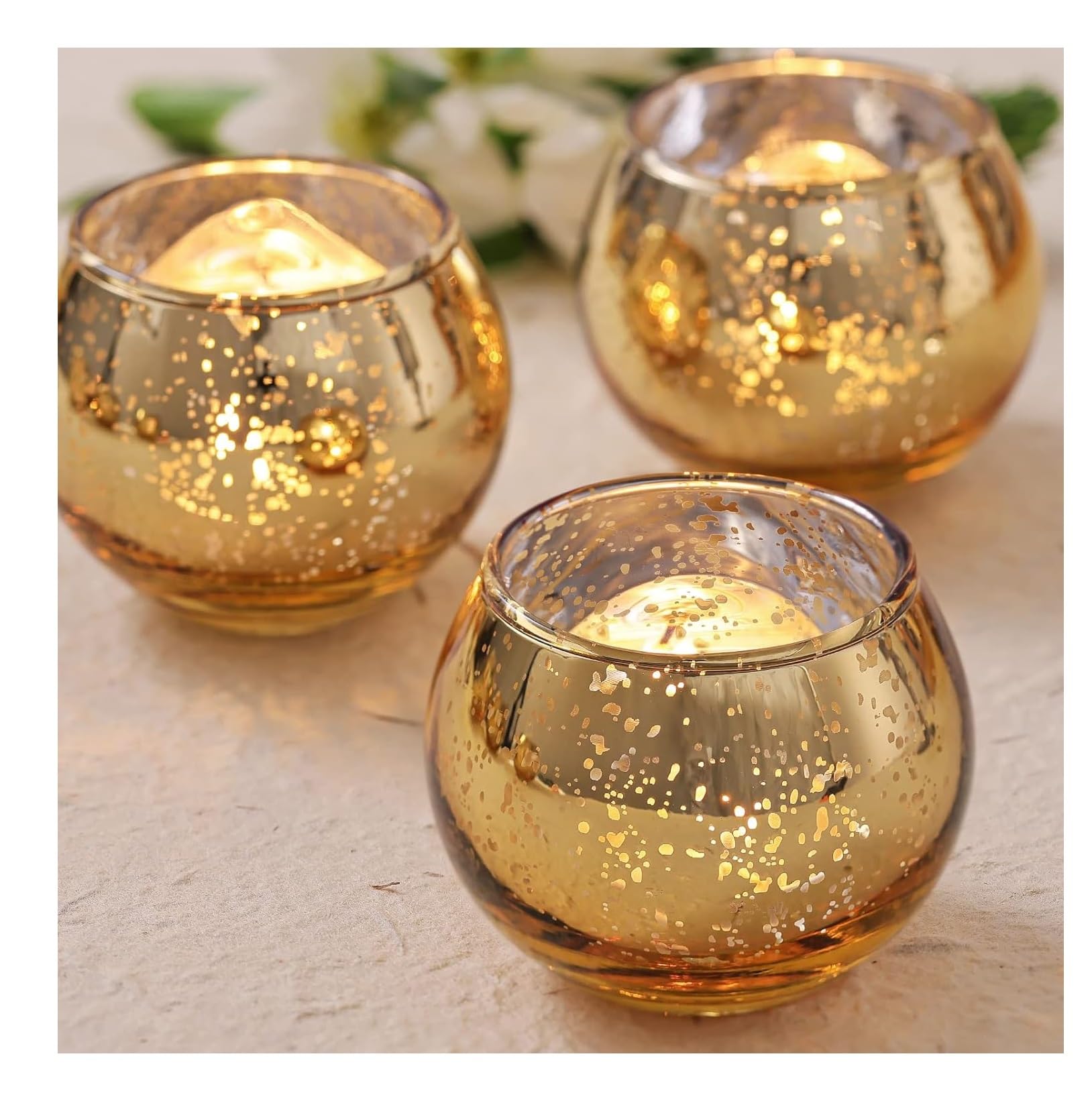 SPHINX Glass Votive Candle Holder for home decorations, for Weddings, Dinner Parties, Candle Light Dinners, Gift - (Mercury Golden, Round, 2 Pieces)
