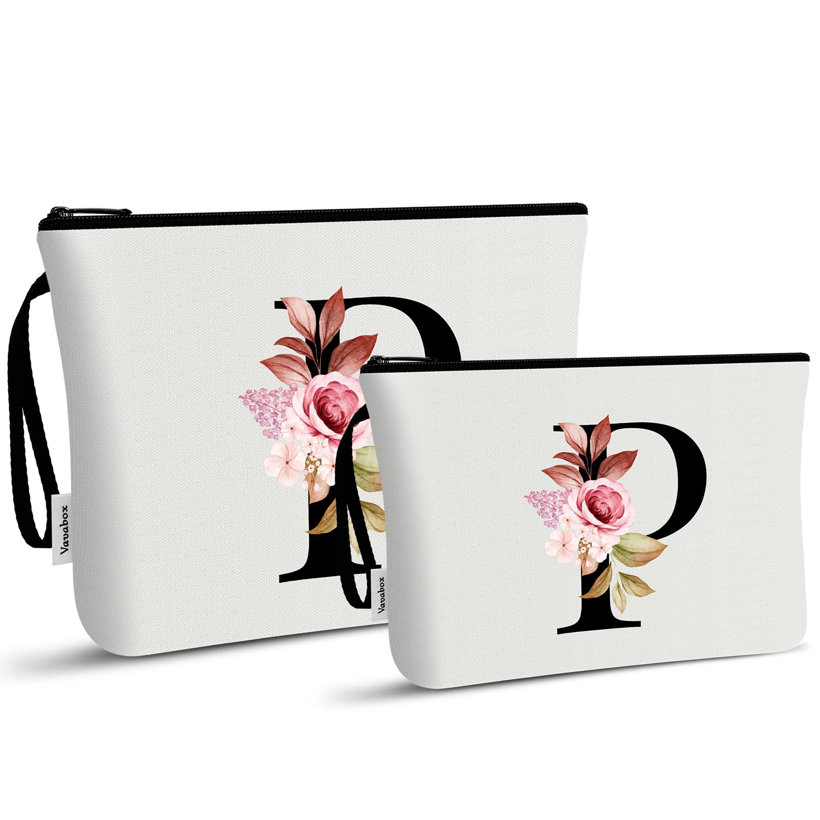Vavabox A-Z Personalized Makeup Bag, Birthday Gifts for Women Mom, Gifts for Best Friend, Bride Bridesmaid Cosmetic bag (P, 03-White Set)