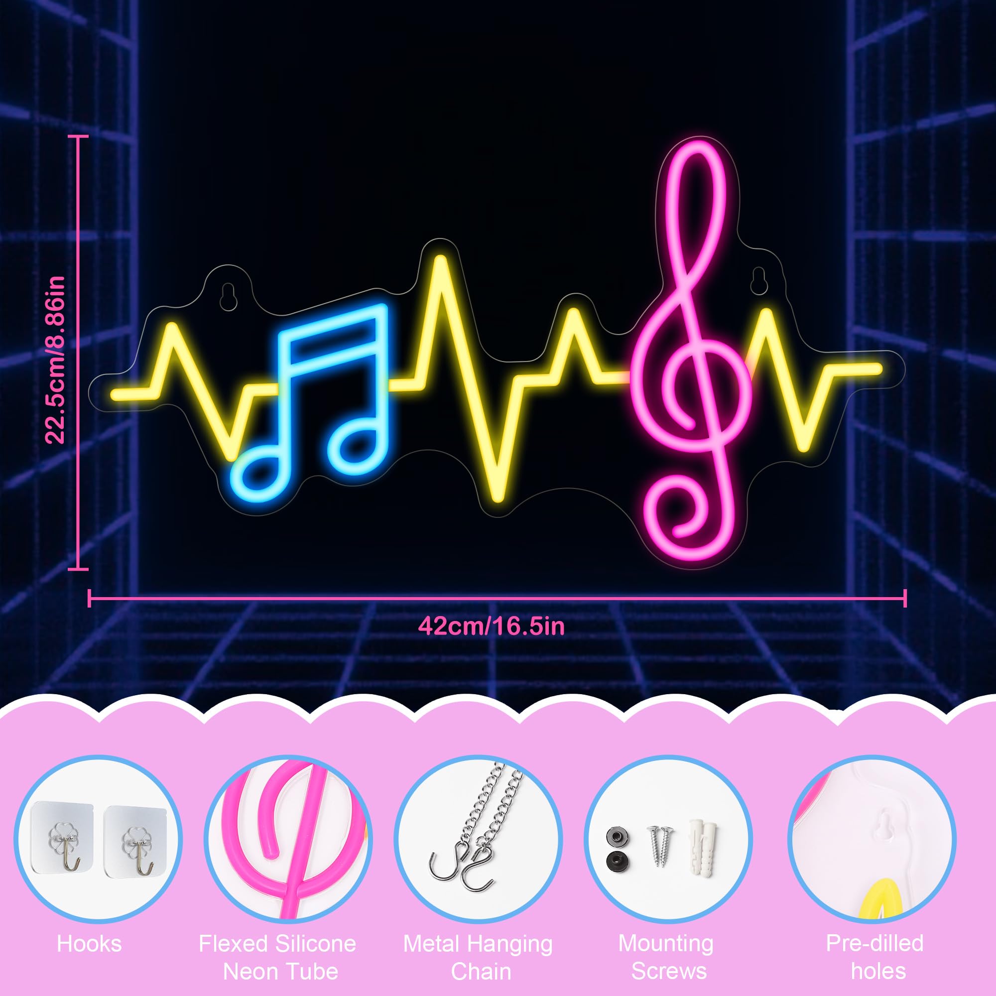 CoolGift Mart Music Notes Neon Sign, Dimmable LED Neon Wall Sign USB Powered - Image 4