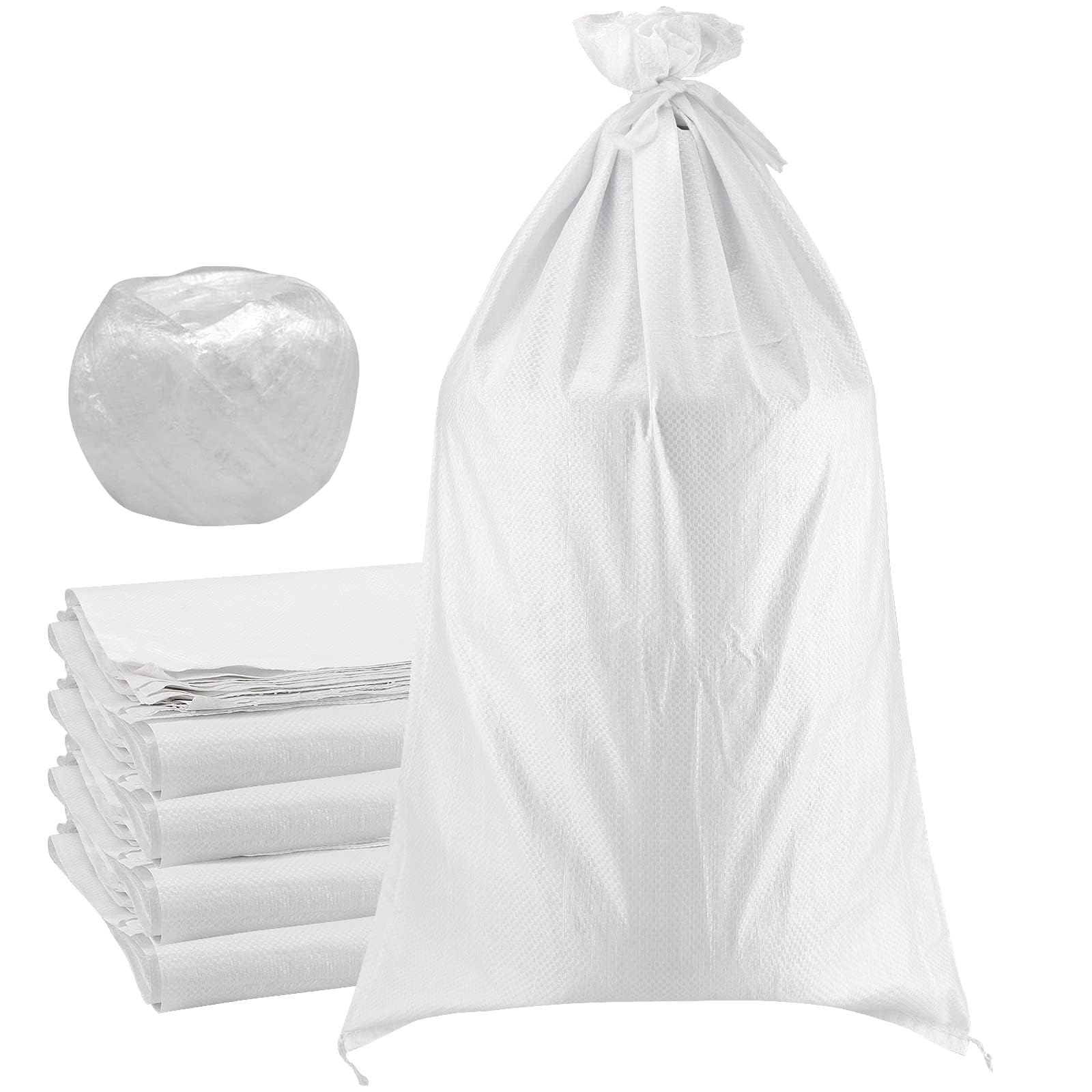 SEUNMUK 50 Sacchi di Sabbia Vuoti 45 x 77 cm in Polipropilene Bianco, Antiallagamento per Protezione Inondazioni, con Fascette da 20 m