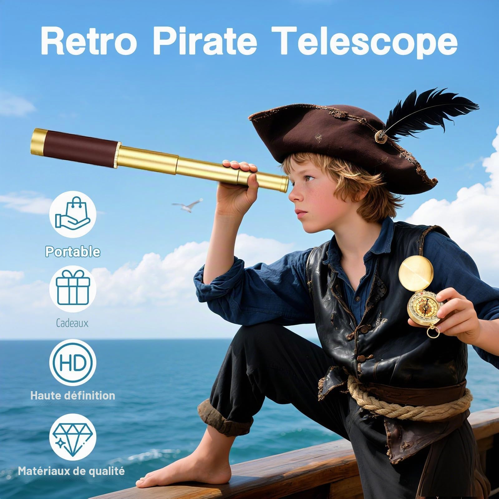 Télescope Pirate Rétro Monoculaire Zoomable 25x30 Vintage Longue Vue Enfant Lentille BAK-4 Imperméable Mini Télescope avec Boussole pour Adultes Camping Observation des Oiseaux