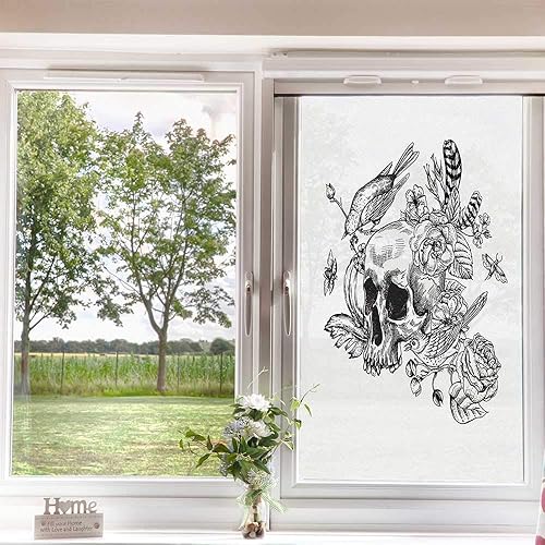 Miniatura 3 de Película gótica esmerilada de vidrio esmerilado para ventana, diseño de calavera, rosas, capullos de flores, plumas, pájaros y abejas, ilustración