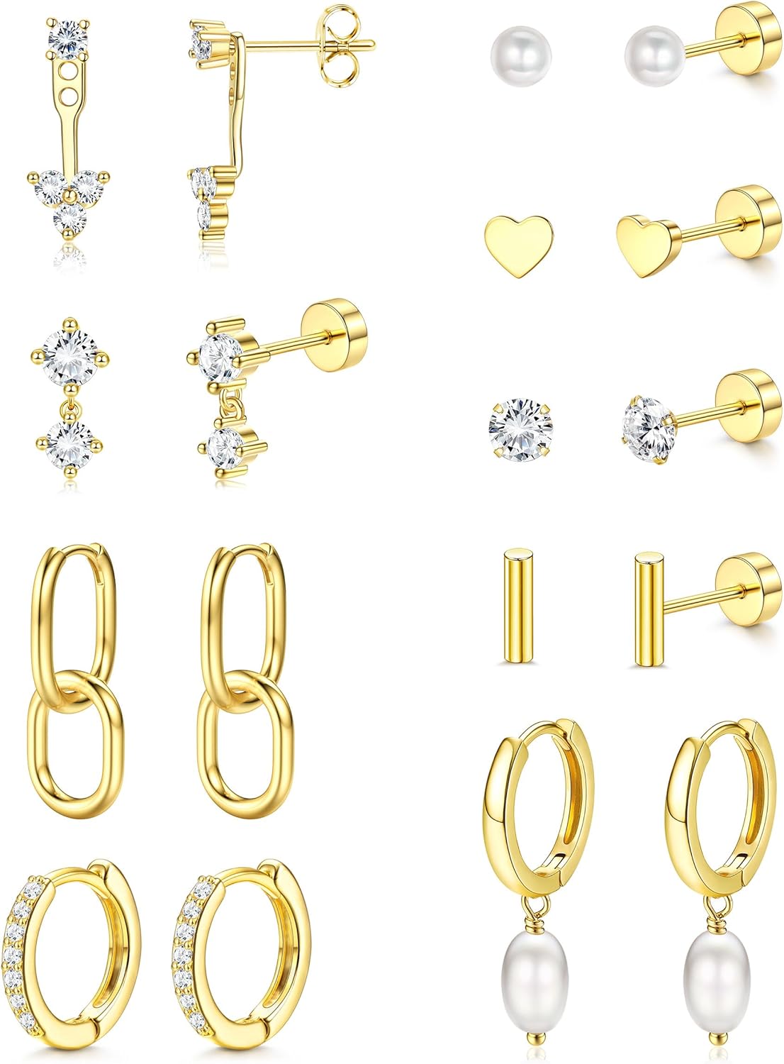 FIBO STEEL Small Stud Hoop Earrings for Women - 9 Pairs Hypoallergenic 14K Gold Plated Cartilage Earrings for Women Trendy Flat Back Earring Stacks Huggie Earring Sets for Multiple Piercing Jewelry Gifts - Image 7