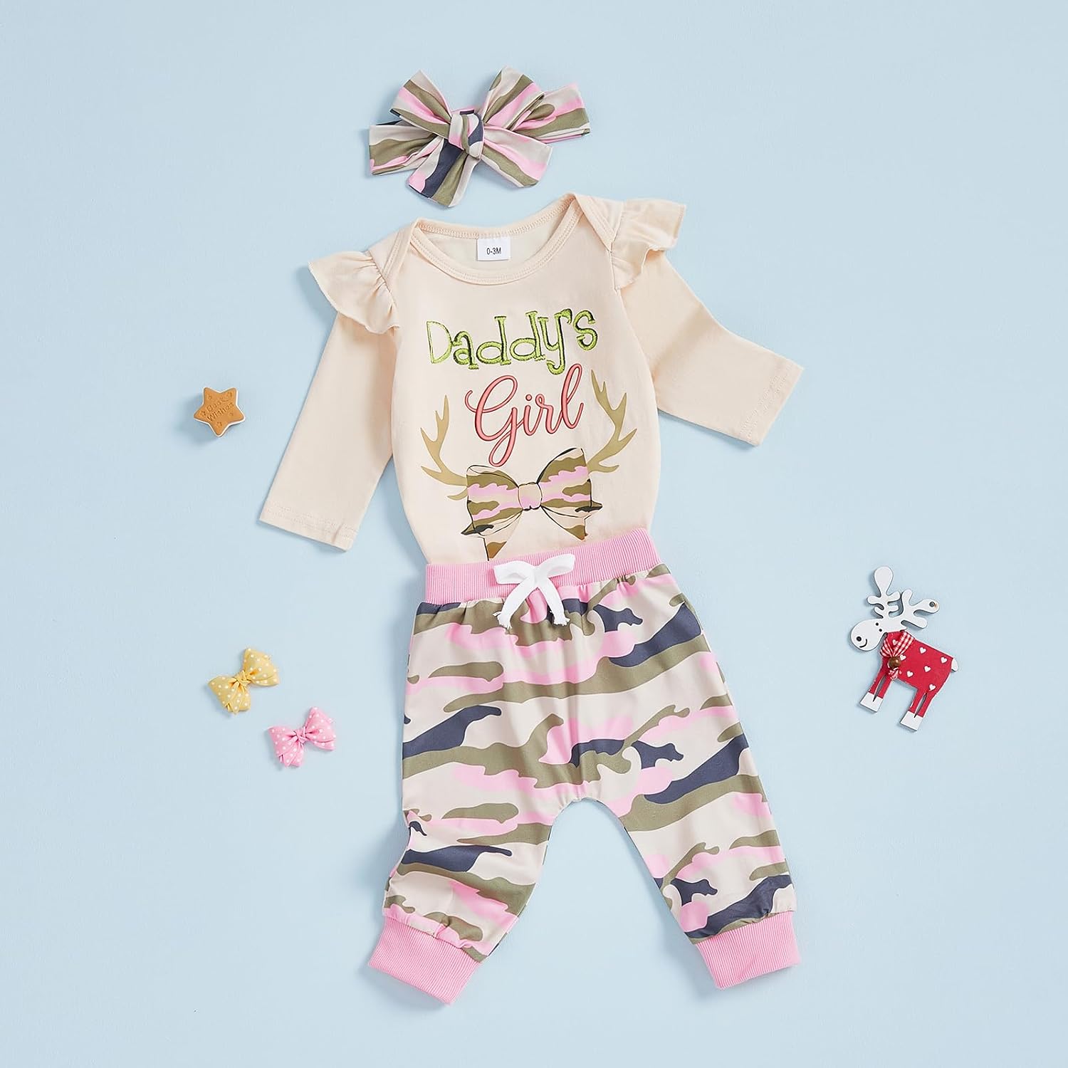 Baby Girl Deer Hunting Fall Clothes Daddy's Girl Bodysuit Camouflage Jogger Pants Bow Cute Newborn Coming Home Outfit