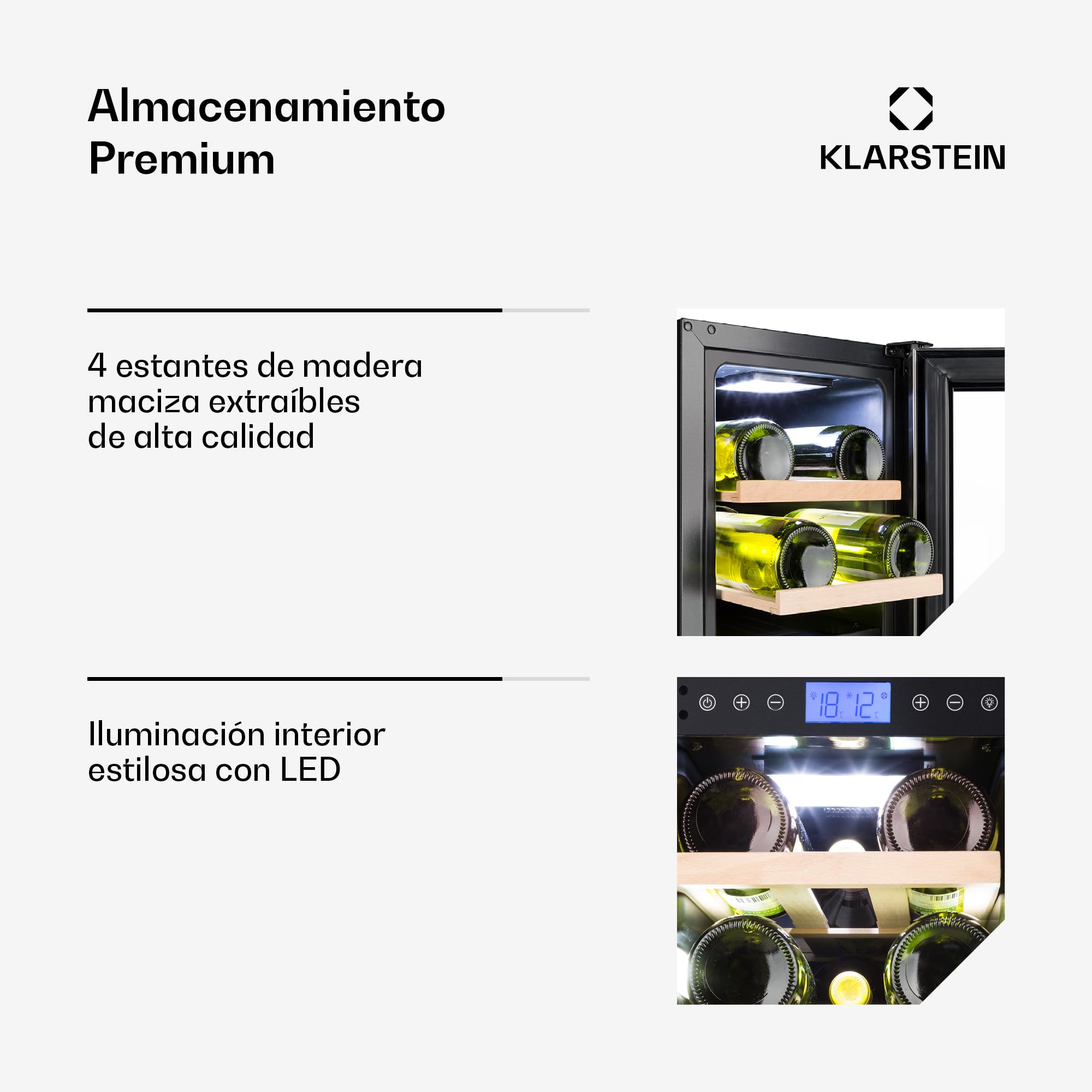 KLARSTEIN Vinoteca, Nevera para Vinos con 2 Zonas Refrigeración, Botellero Puerta Cristal para Vino, Proseco, Expositor Interior y Exterior, Panel Táctil, 53 L., Vinoteca Capacidad 17 Botellas — view 5