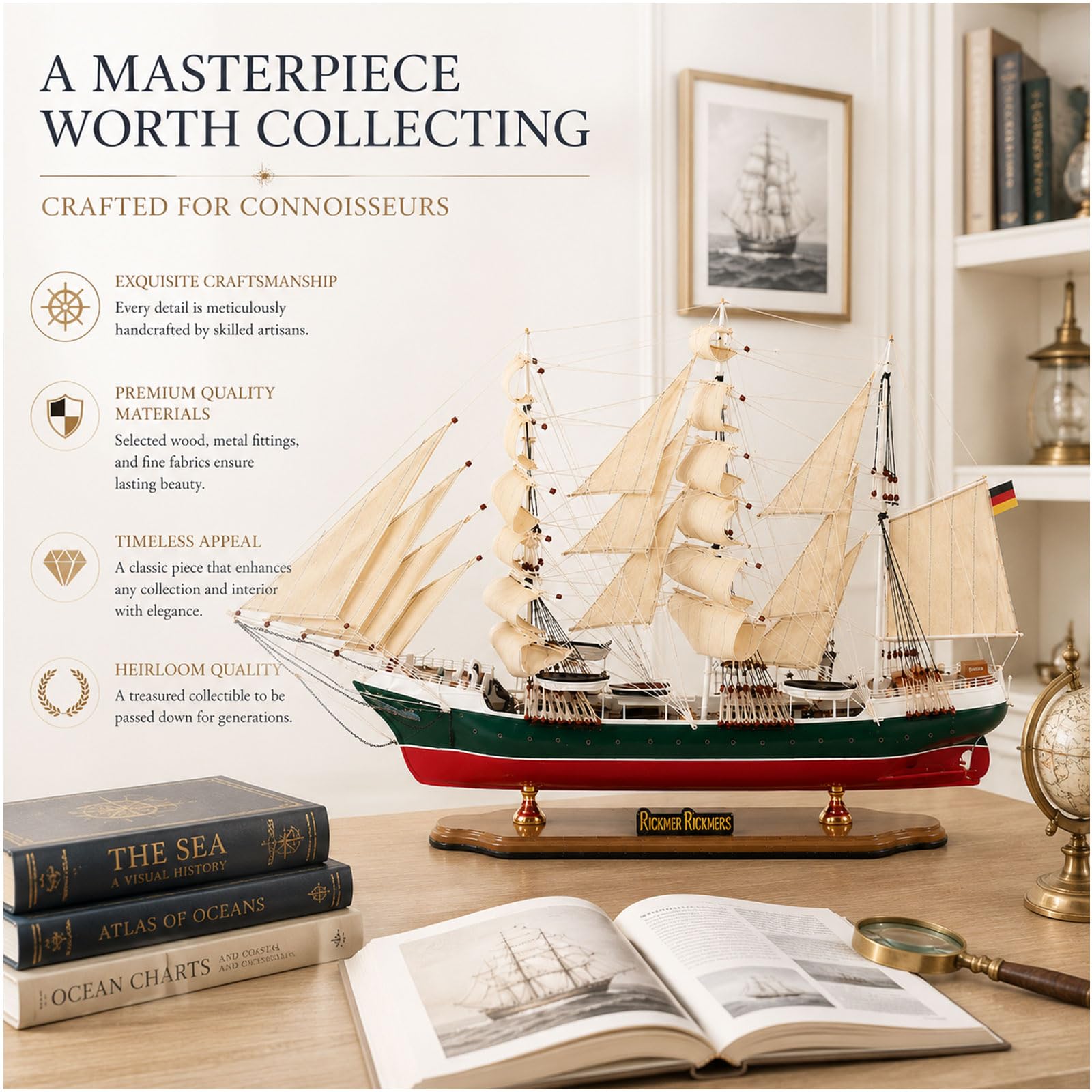YLME Grande Modello di veliero Ornamento in Legno a Forma di Nave Alta 80cm | Con vele e sartiame realistici Decorazione nautica per la casa per soggiorno, ufficio o mensola