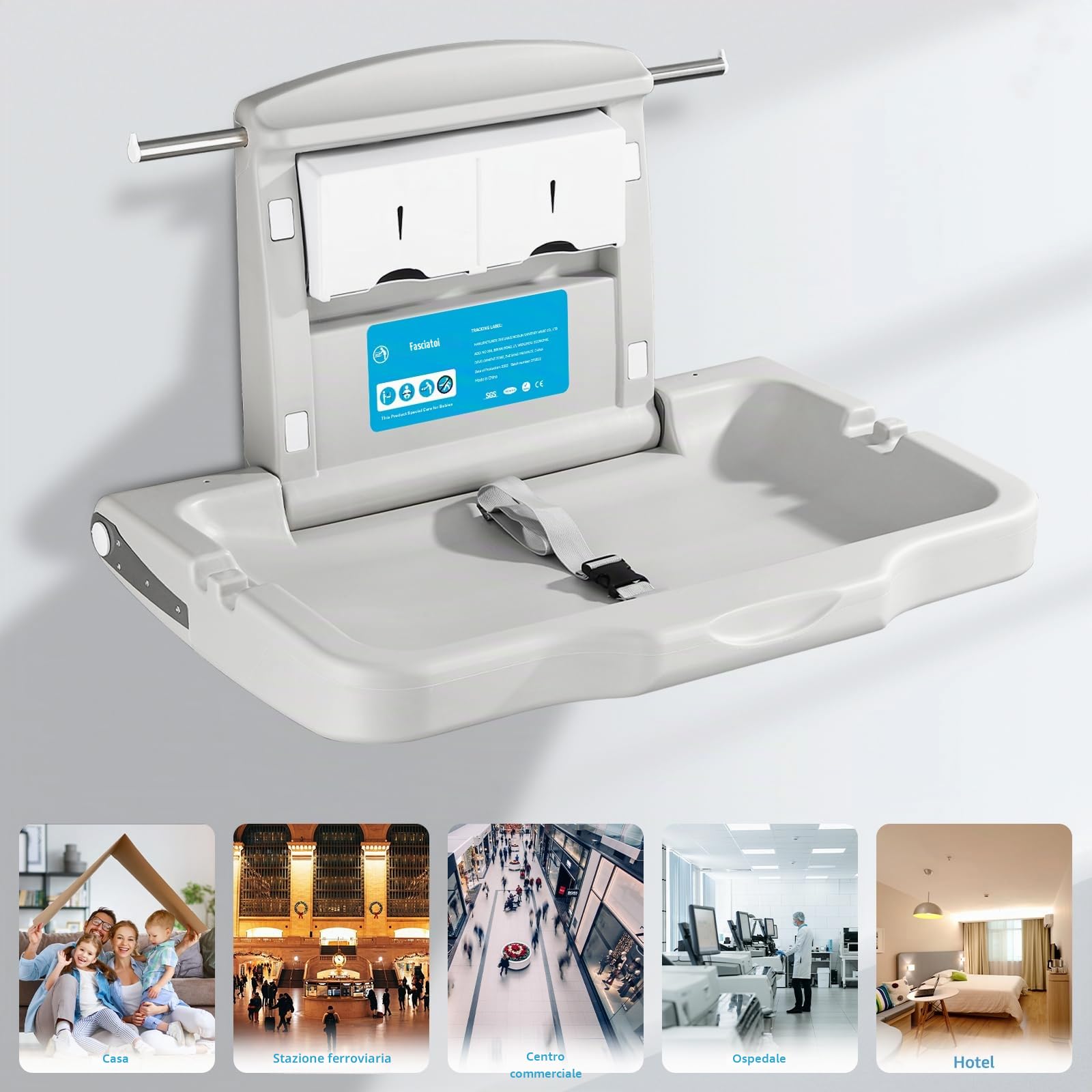 modunful Fasciatoio Bambini da Parete, Pieghevole Fasciatoio Commerciale Orizzontale 85 x 59 cm a Muro, in HDPE per Pannolini con Cinghia di Sicurezza Regolabile, Conforme CPC, Bianco Grigio