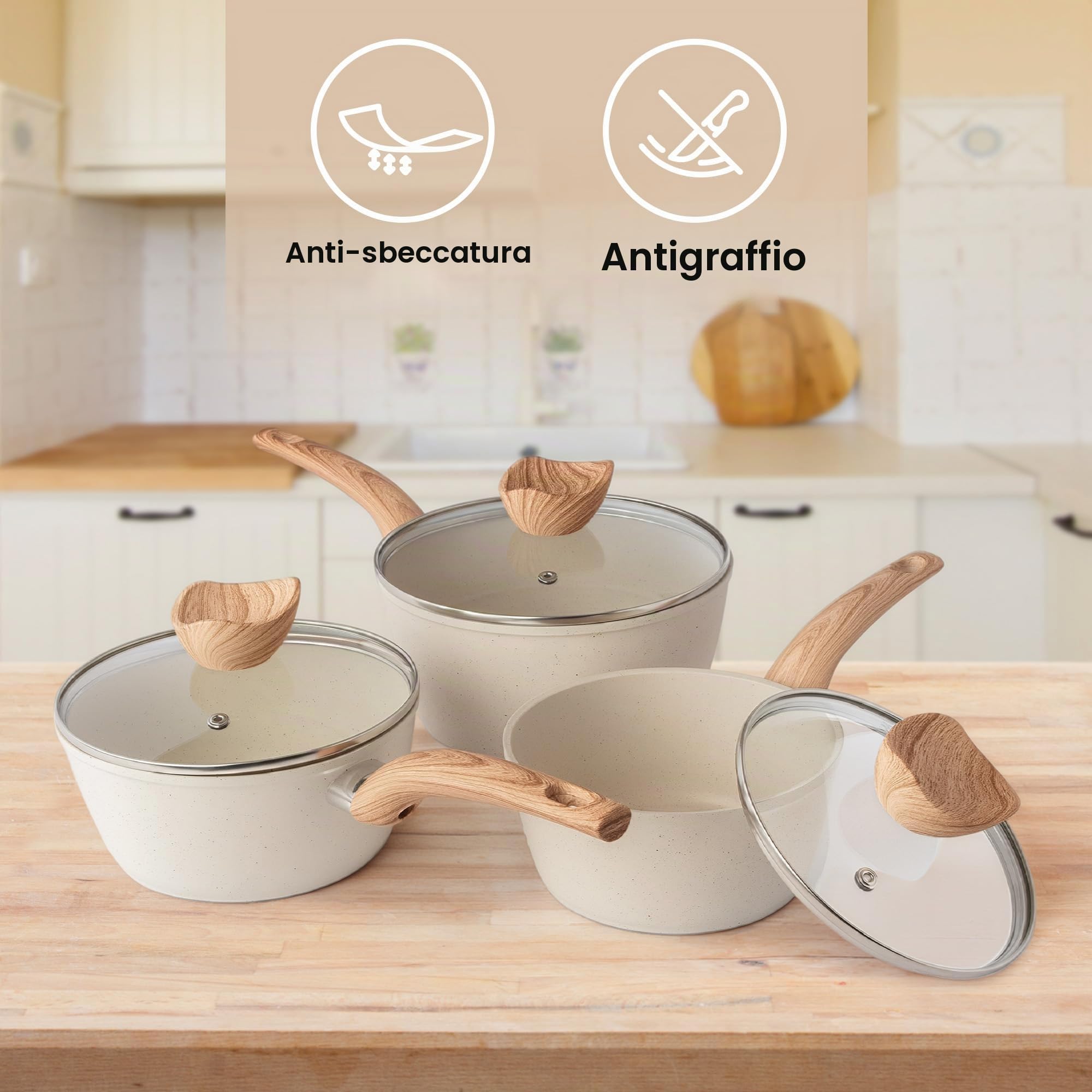 Set di Pentole Antiaderenti per Induzione con Coperchio – Set di 3 Pentole per Salse in Granito Color Crema – 16 cm, 18 cm, 20 cm – Nuovva