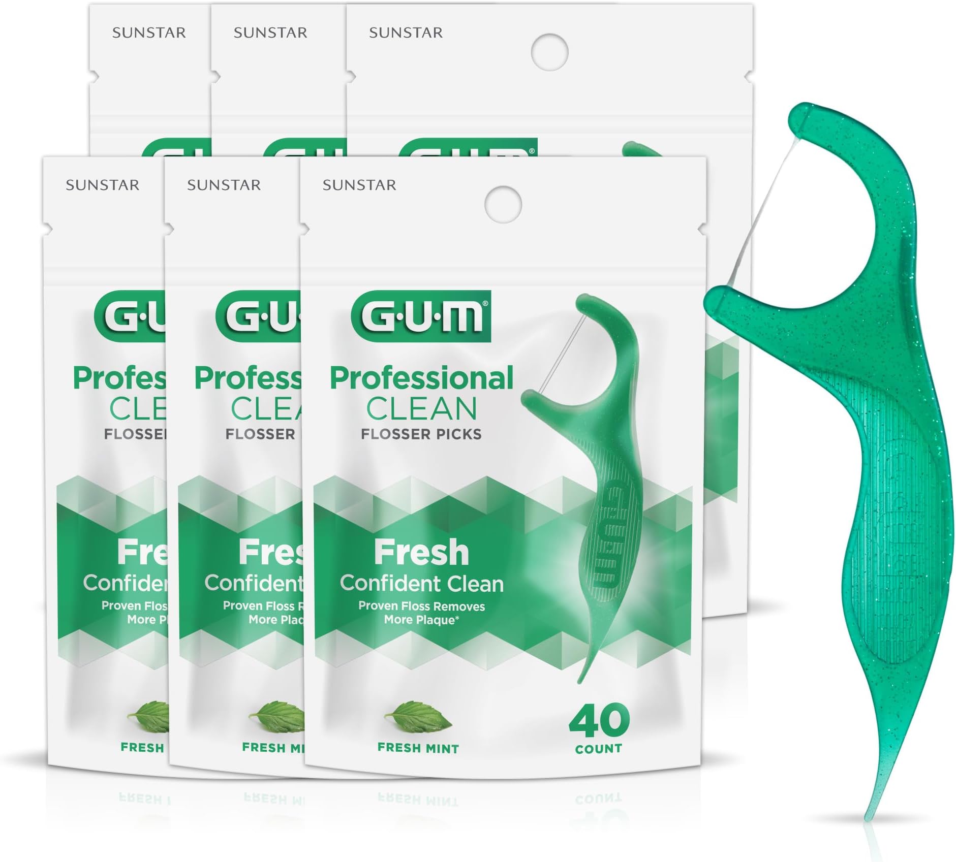 GUM Professional Clean Floss Picks - Extra Strong Shred-Resistant Floss, Easy Grip Handle - Dental Flossers for Adults - Fresh Mint Flavor, 40ct (6pk)