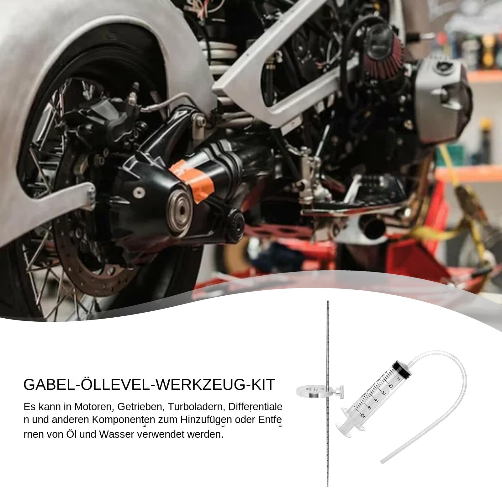 Generisch Gabelölstand Werkzeug - Motorrad Simmerring Eintreiber, Federung Einsteller Kit | Hydraulik Pegelanzeige Spritze 60ml Messrohr 300mm Motorsport Wartung Ausrüstung Fachleute Anfänger System