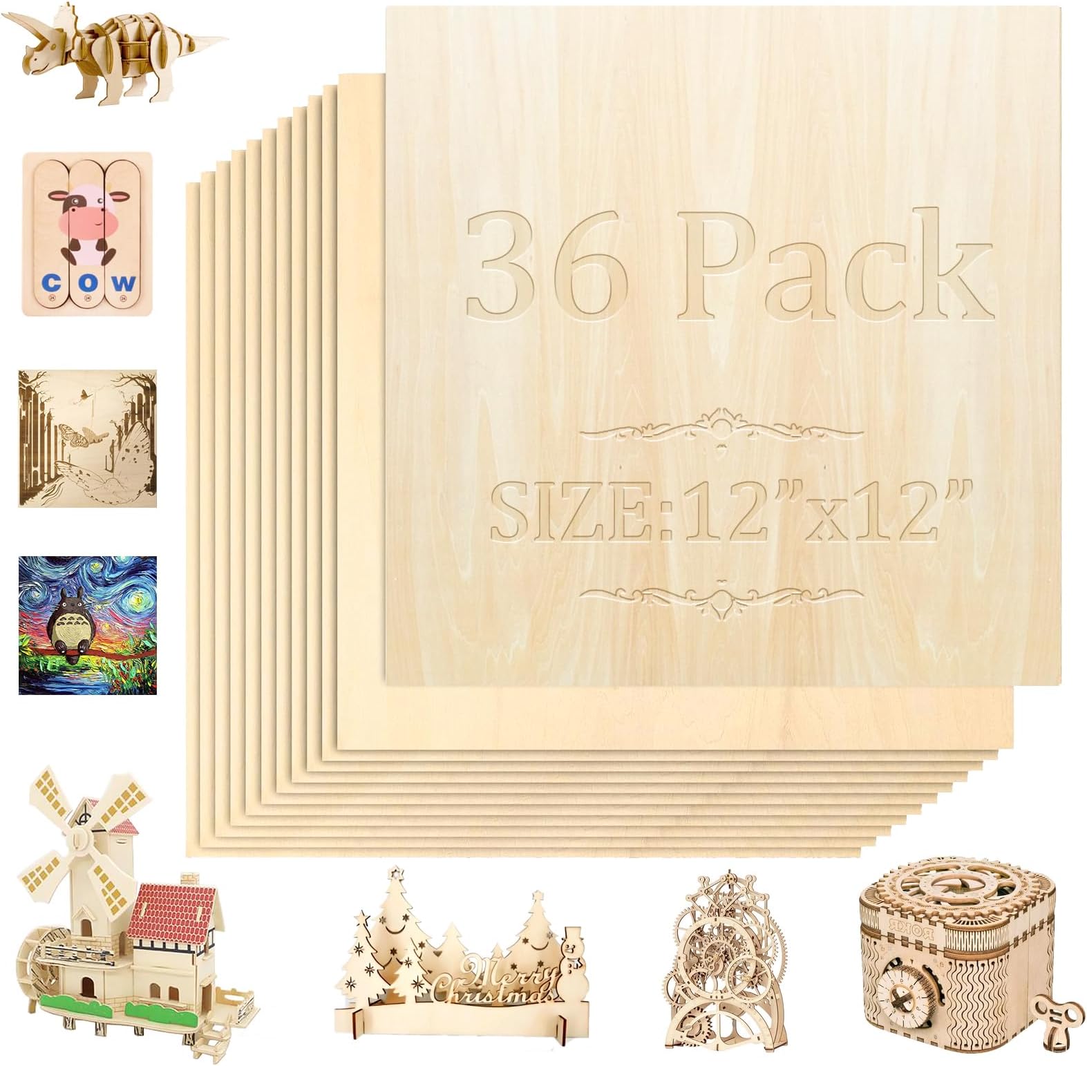 36 Pack Basswood Sheets,12"x12"x1/8" 3mm Basswood Plywood,Craft Wood,Unfinished Wood,for DIY Ornaments and Model Engraving, Wood Burning, Architectural Models, DrawingใWood for Laser Cutting