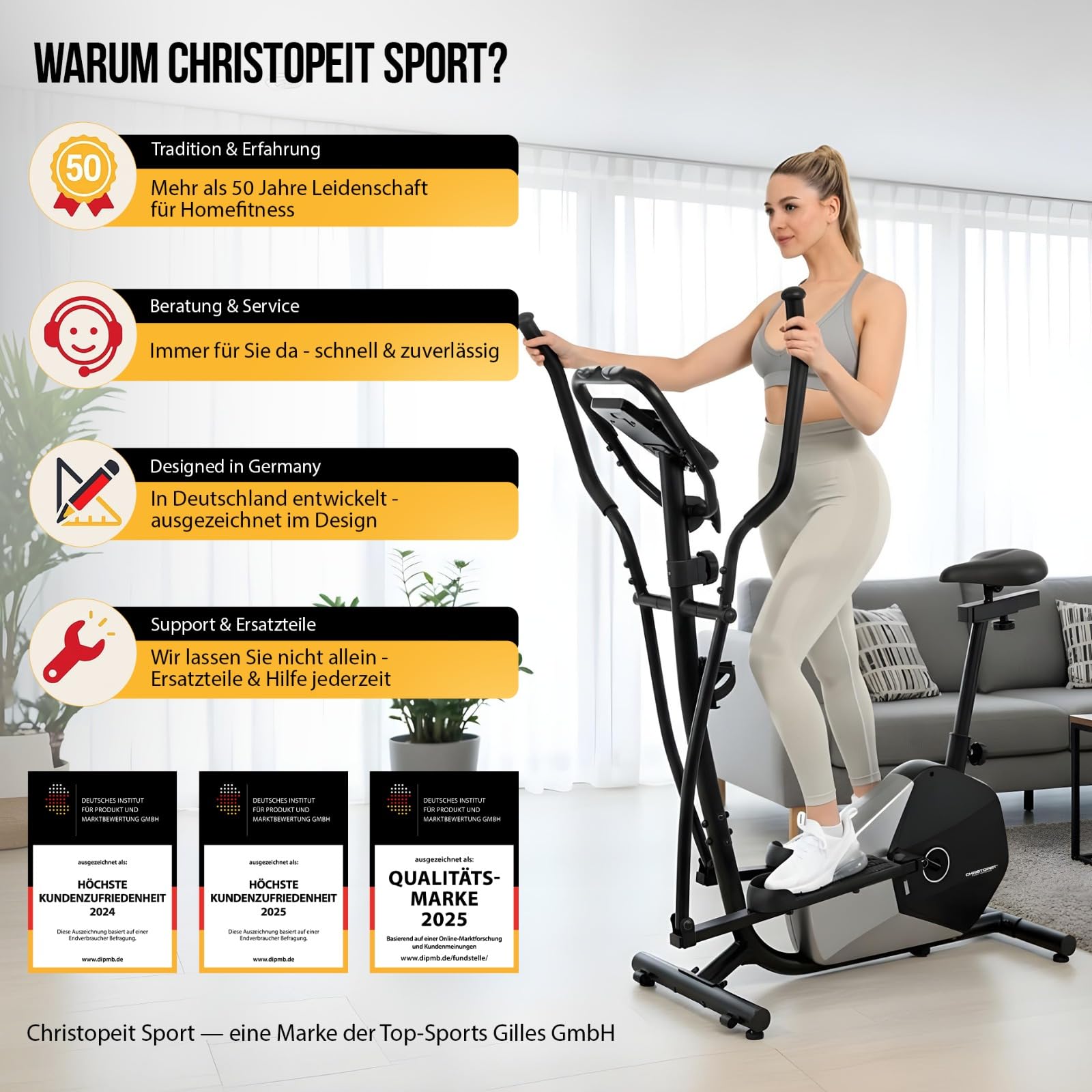 Christopeit Vélo elliptique CT 6 – vélo elliptique et vélo d'appartement 2 en 1, frein magnétique de 7 kg, 8 niveaux de résistance, capteurs de pouls manuels, support pour tablette/smartphone, jusqu'à