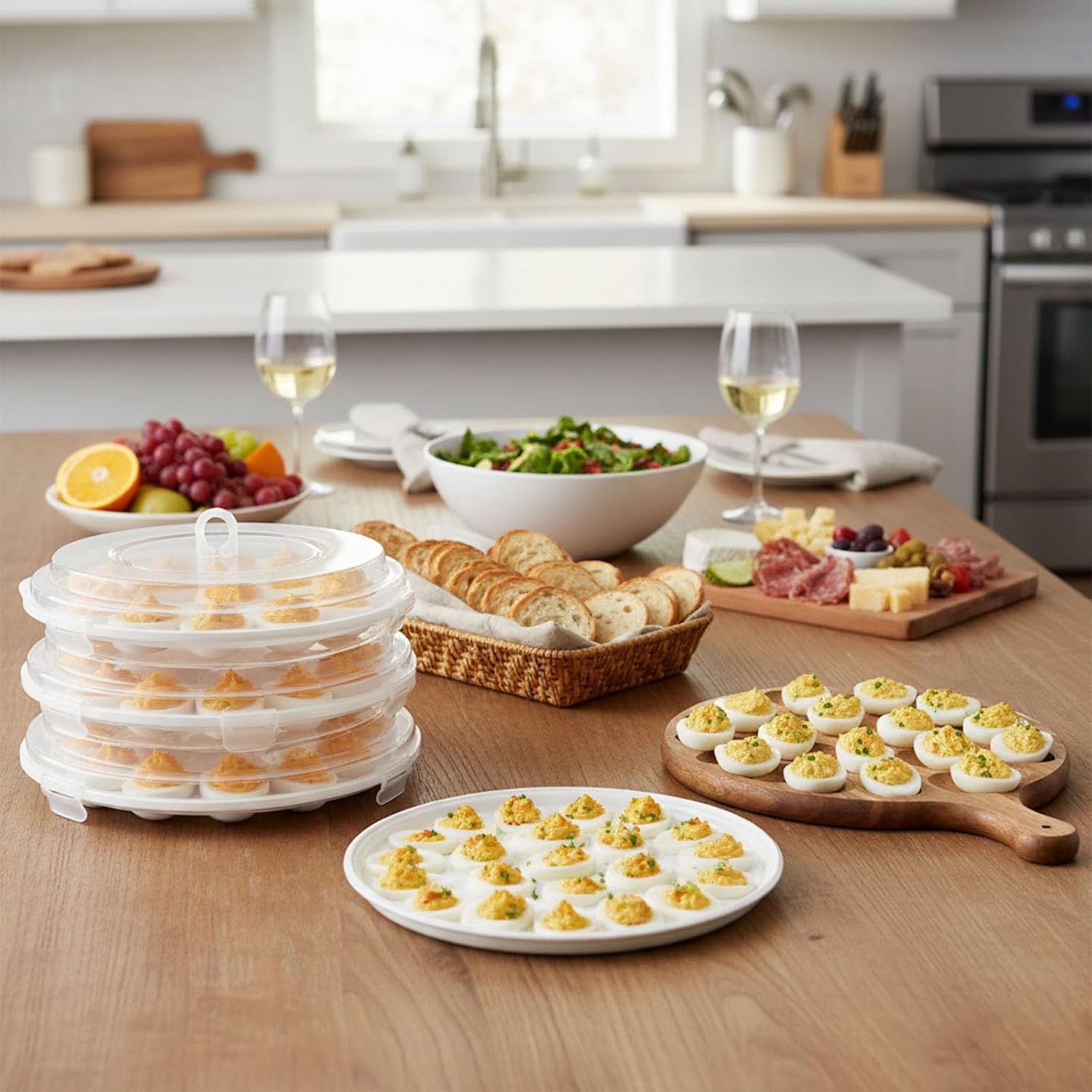 HANSGO 4PCS Deviled Egg Tray Set, Stackable Egg Carrier with Lids & Wooden Serving Board for Parties Kitchen Countertop Storage Transport