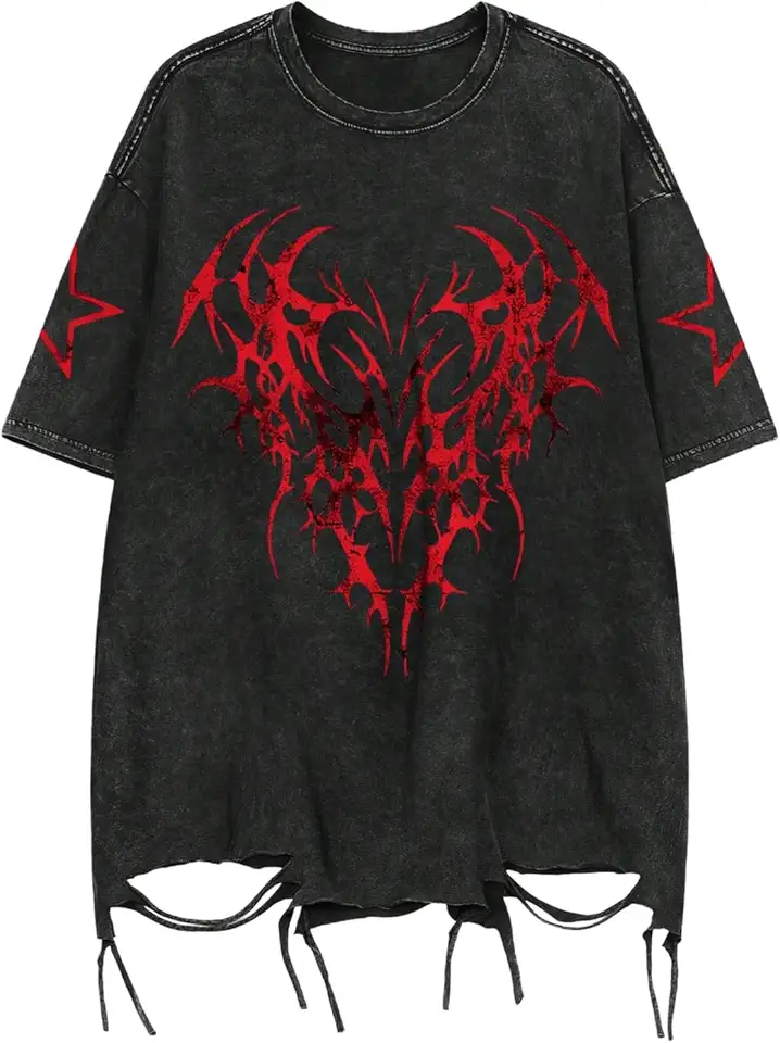 Verdusa Men Ripped Graphic Tees Short Sleeve Drop Shoulder Grunge Punk Oversized Tshirts Emo Scene Clothes Streetwear