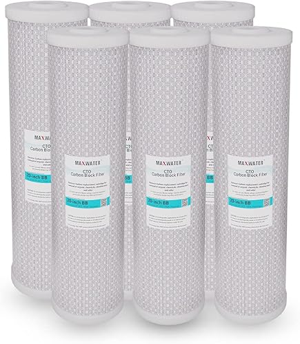 Max Water CTO 20 x 4.5 pulgadas - Filtro de agua de bloque de carbono de cáscara de coco para toda la casa de 5 micras, compatible con sistemas de